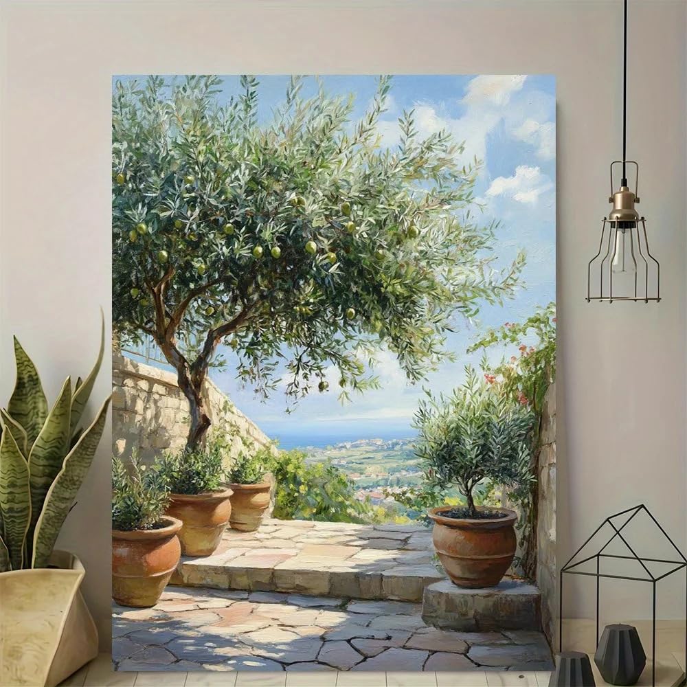Dittelle Tableau sur toile représentant un jardin d'oliviers et un paysage côtier - Affiche imprimée de style méditerranéen vintage moderne pour le salon (30x40cm/cadre intérieur)