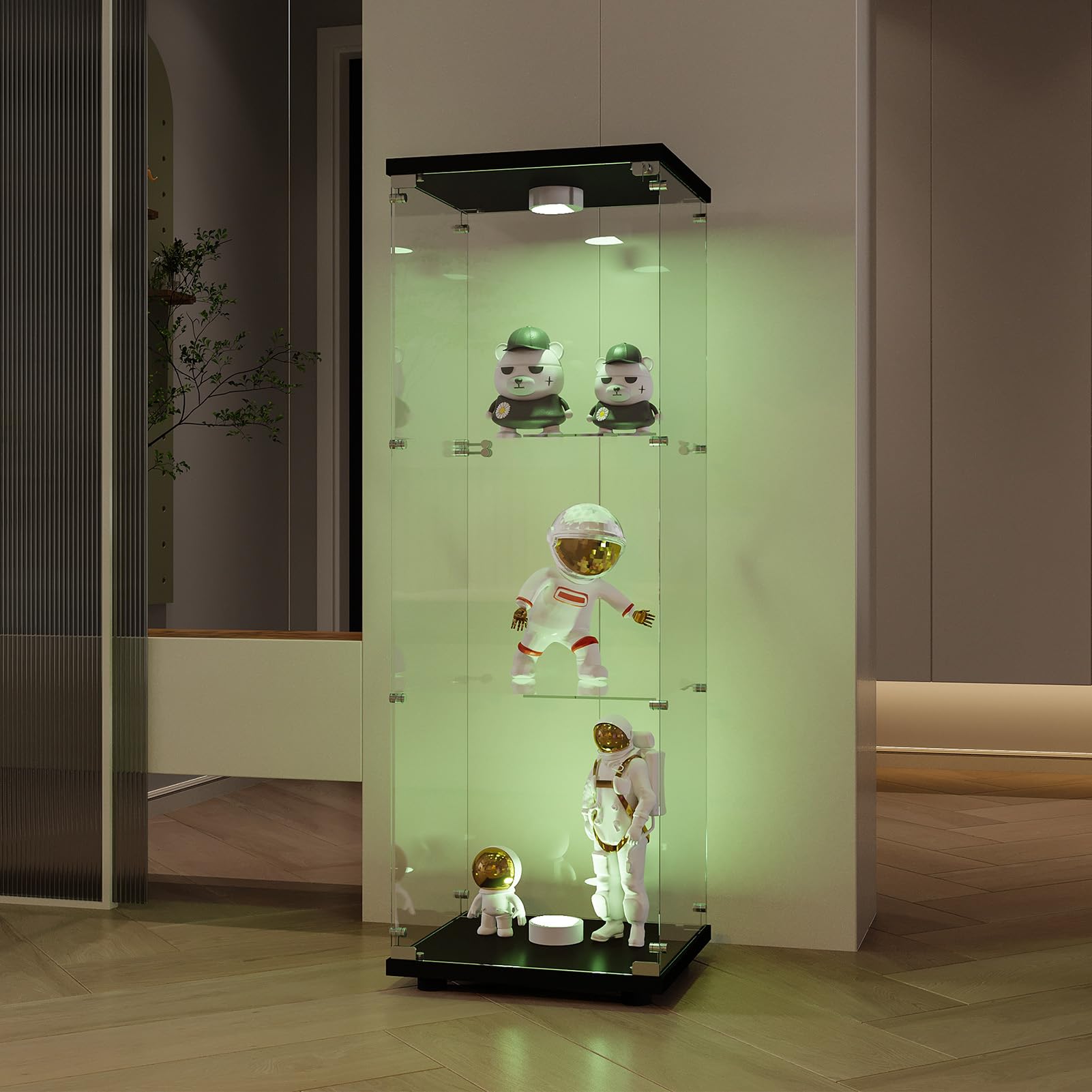 Vitrina con luz LED, 1 puerta, 3 estantes, para coleccionables y recuerdos, perfecto para decoración de sala de estar y oficina, elegante armario de cristal para mostrar tesoros