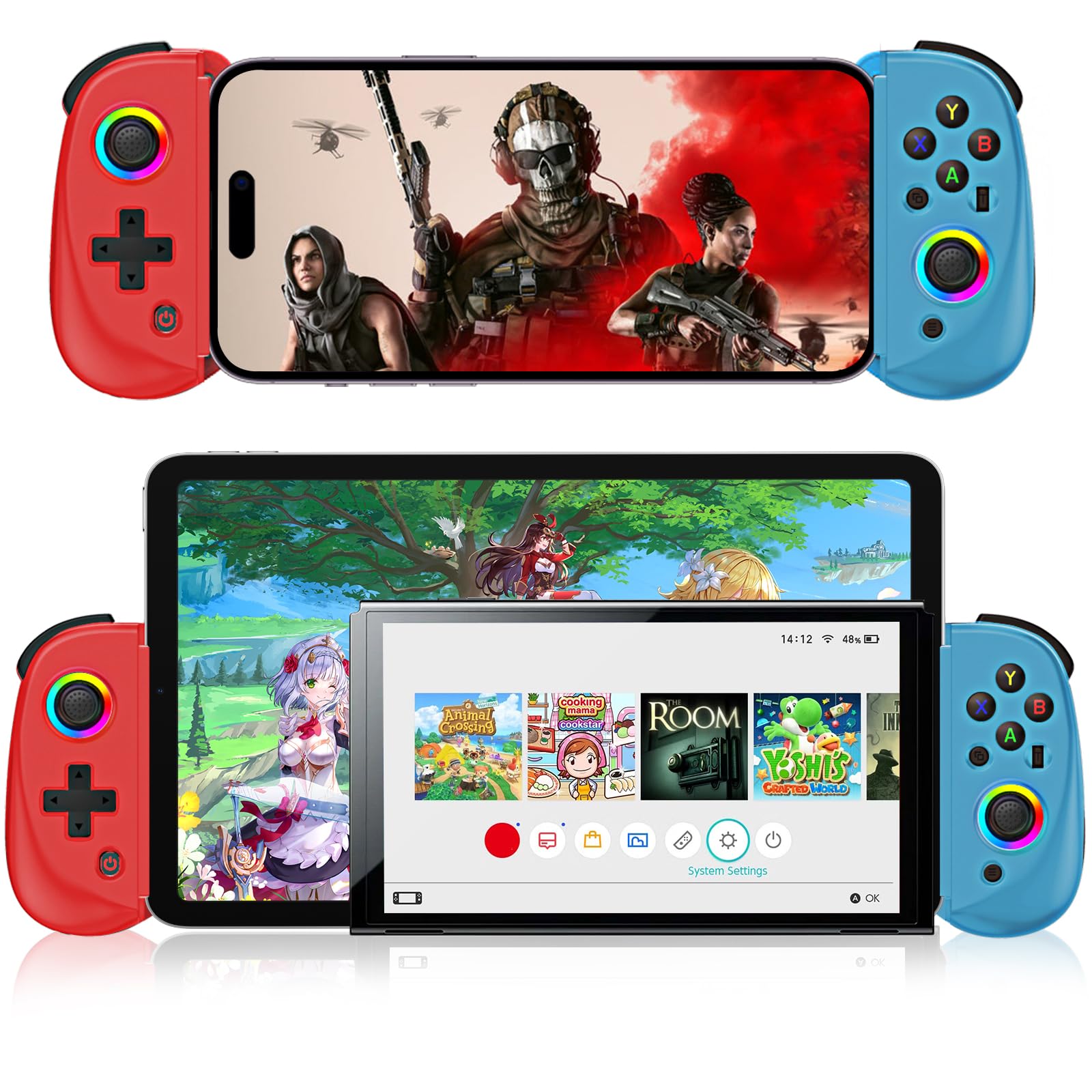 arVin Mobile Game Controller for Tablet/iPad [Within 5-10 Inch] Wireless Gamepad for iPhone/Android/PC/Switch/PS4, with Hall Effect/Turbo/Gyro Effect RGB Joystick 6