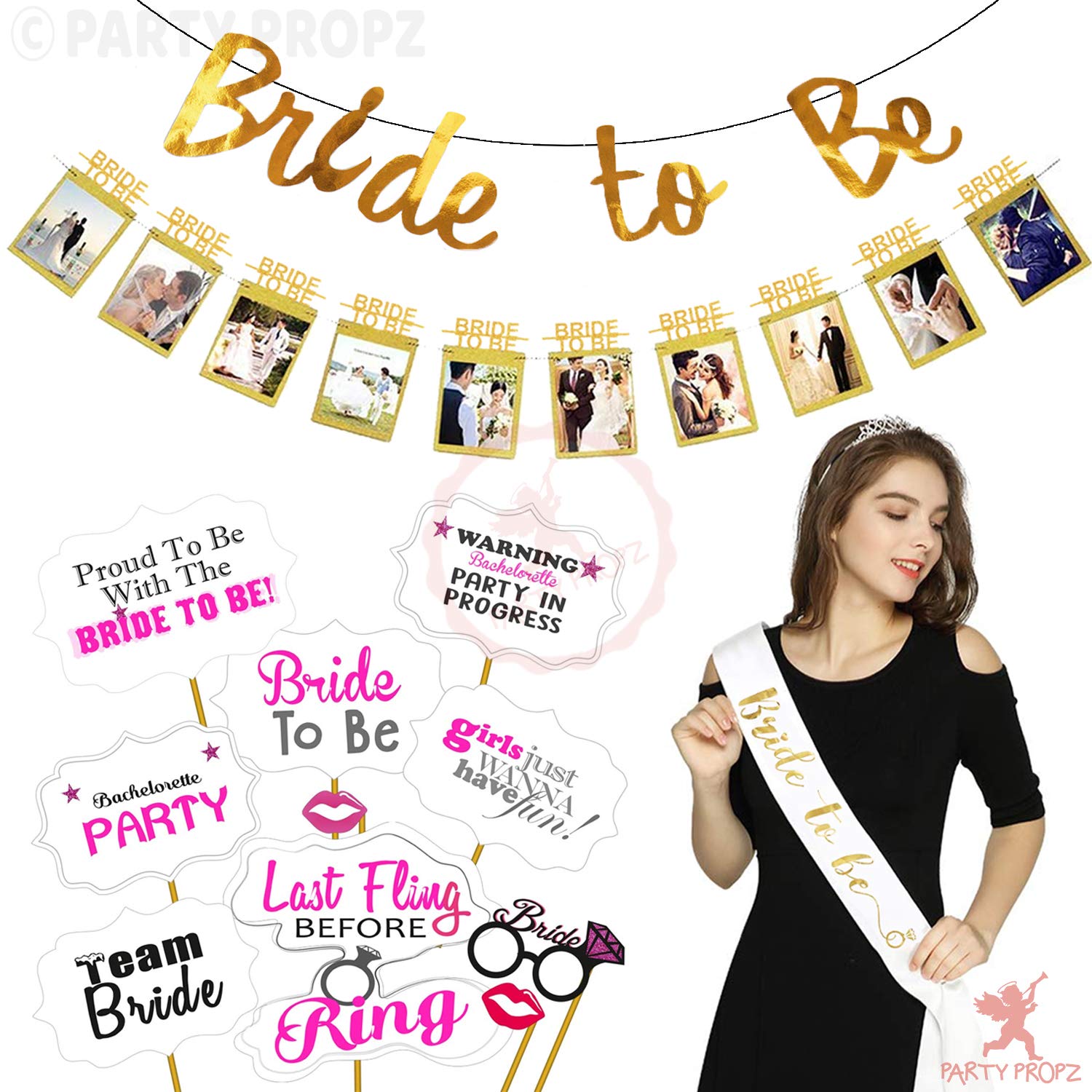 Party Propz Bride To Be Decoration Set Combo - 13 Pcs Bachelorette Party Decorations | Banner | Sash | Props | Bridal Shower Decorations Kit