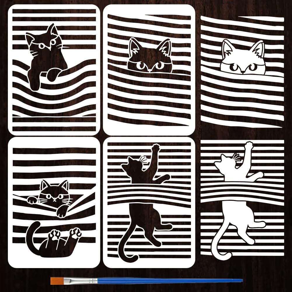 FINGERINSPIRE 4PCS Abstract Line Cat Painting Stencil with Paint Brush 21x29.7cm Decorative Cute Cats Drawing Template Plastic PET Line Patterns Stencil Animal Theme Template for DIY Crafts