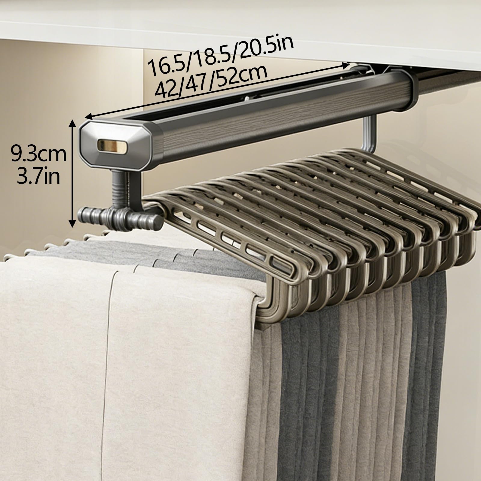 Wysokiej jakości metalowy drążek do szafy Teles 52 cm wysuwany drążek z cichą prowadnicą przesuwną zaokrąglonymi uchwytami i gumowymi paskami ochronnymi do przechowywania