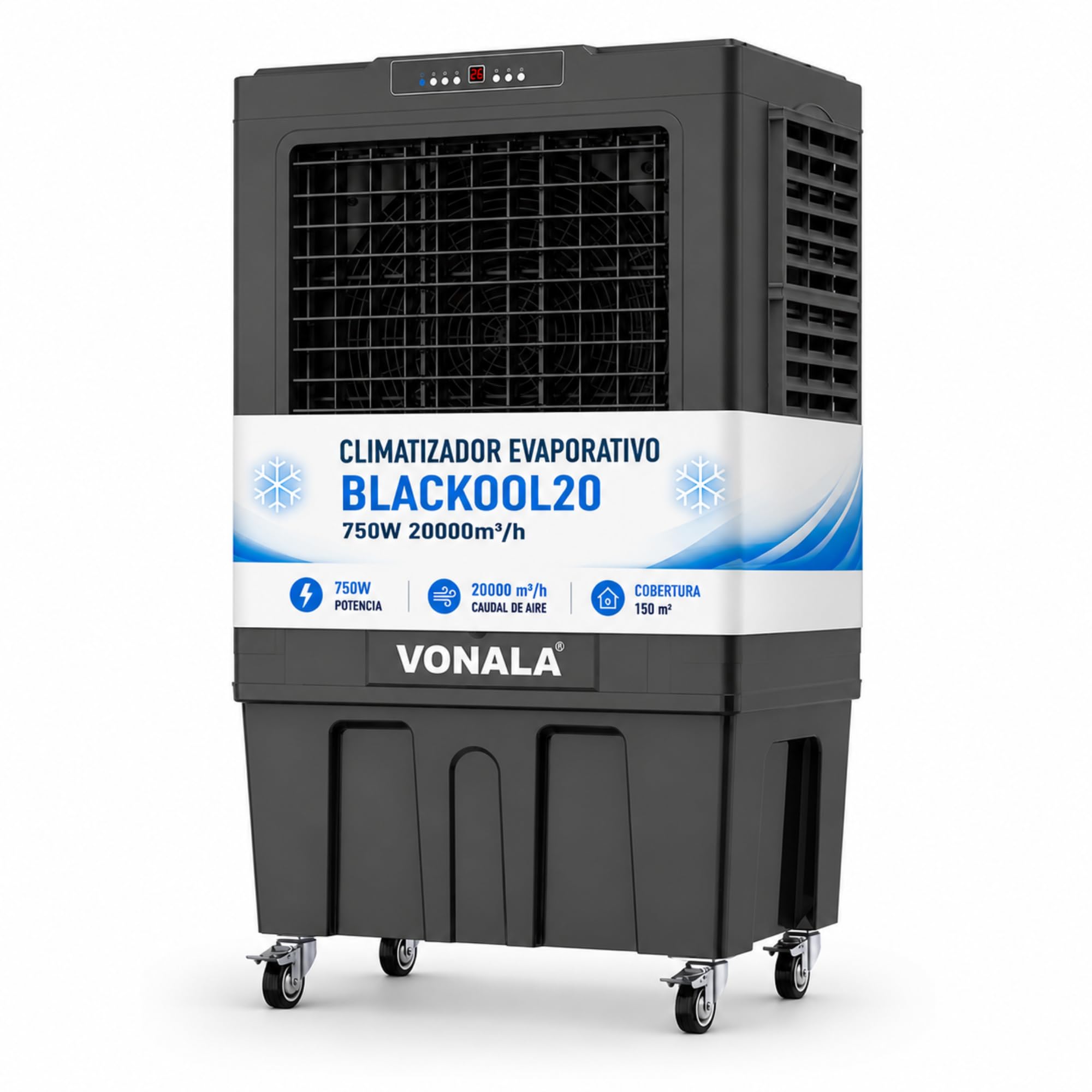 Climatizador Evaporativo Industrial VONALA BLACKOOL20 – Enfriador de Aire Profesional, Depósito 150L, Caudal 20000 m³/h, Cobertura 200m², 500 W, Climatizador Industrial Portátil