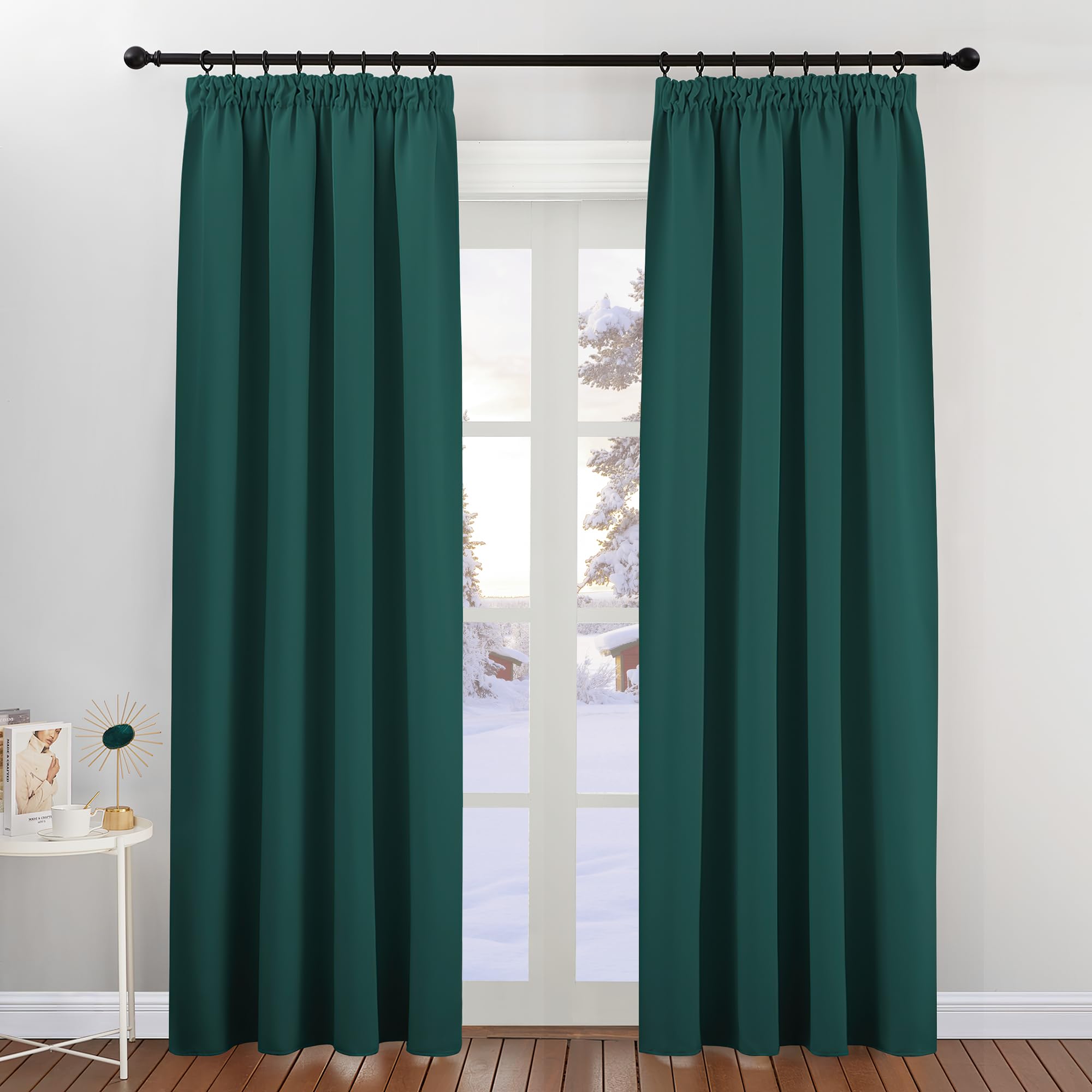 PONY DANCE Blackout Pencil Pleat Curtains, Dark Green, W46 x L84", 2 Panels — image 1