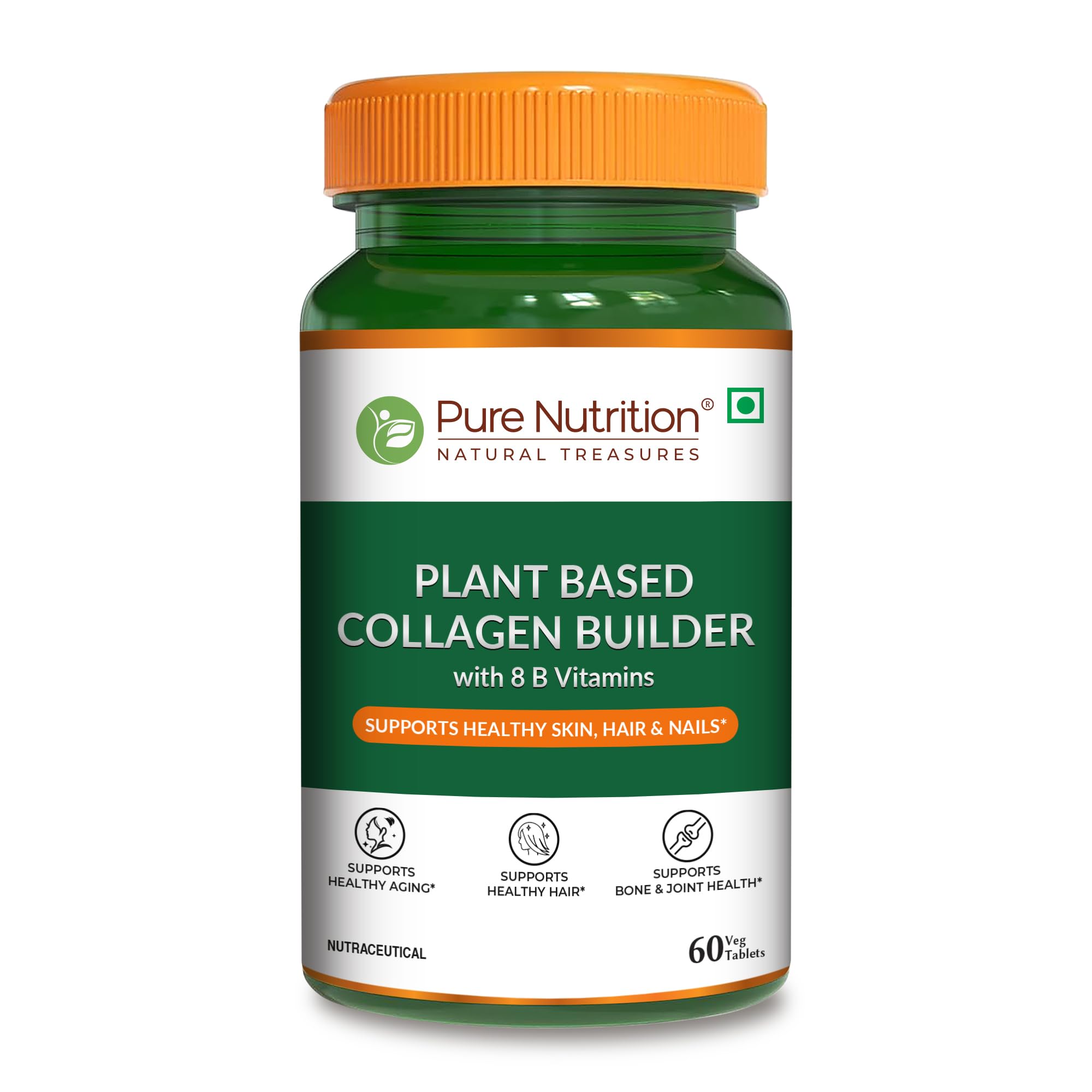 Pure Nutrition Plant-Based Collagen Builder – 60 Veg Tablets | With Biotin, Vitamin C & 8 B-Vitamins | For Glowing Skin, Strong Hair & Nails, Joint Support & Bone Health | Collagen Supplement for Men & Women