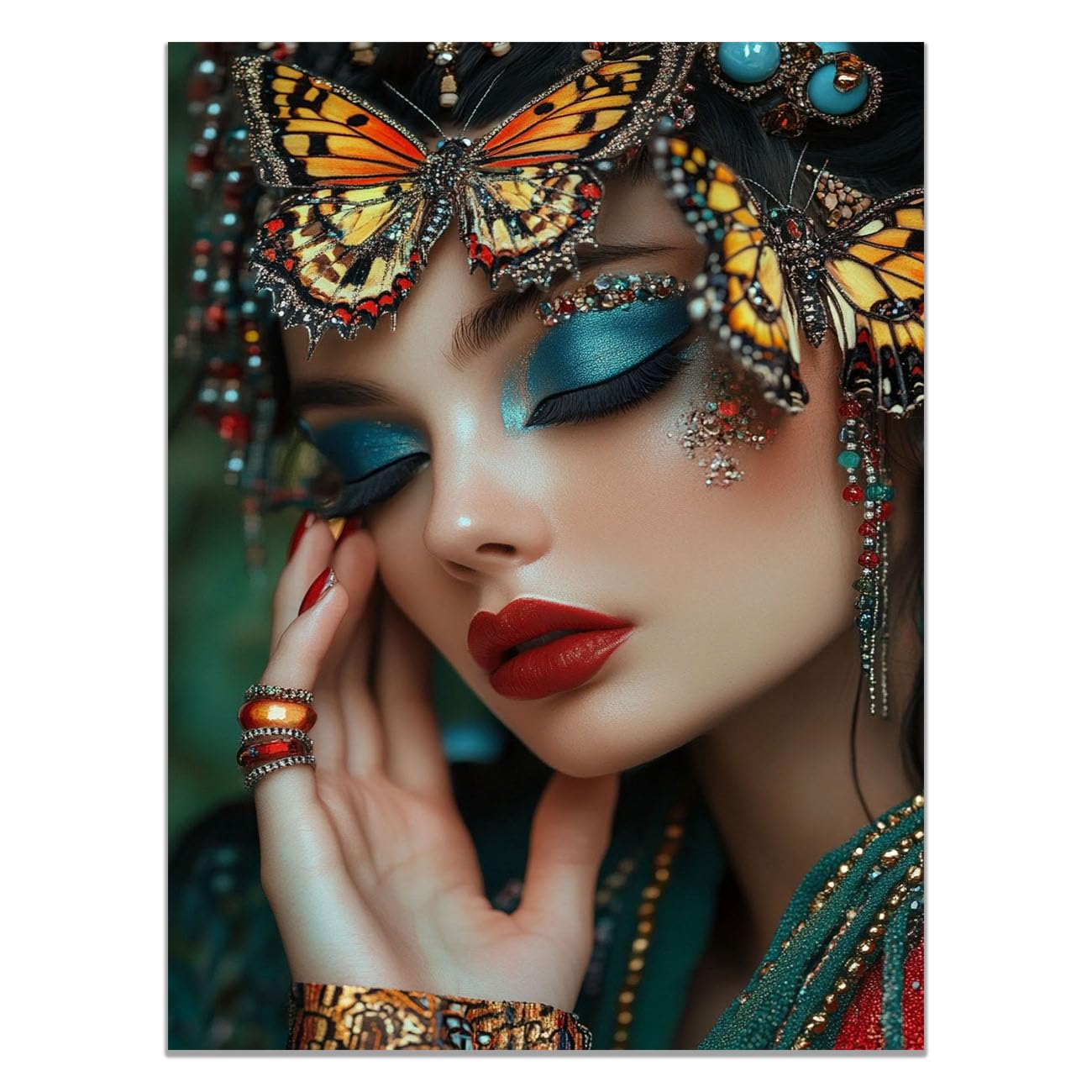 QUSAAOU Fashion Canvas Wall Lady Butterfly Ornaments Glam Portrait Living Room Bedroom African American Woman Wall Decor Art Wall For Home Afro Woman Poster And Prints(green)-30x45cm1 Unframed