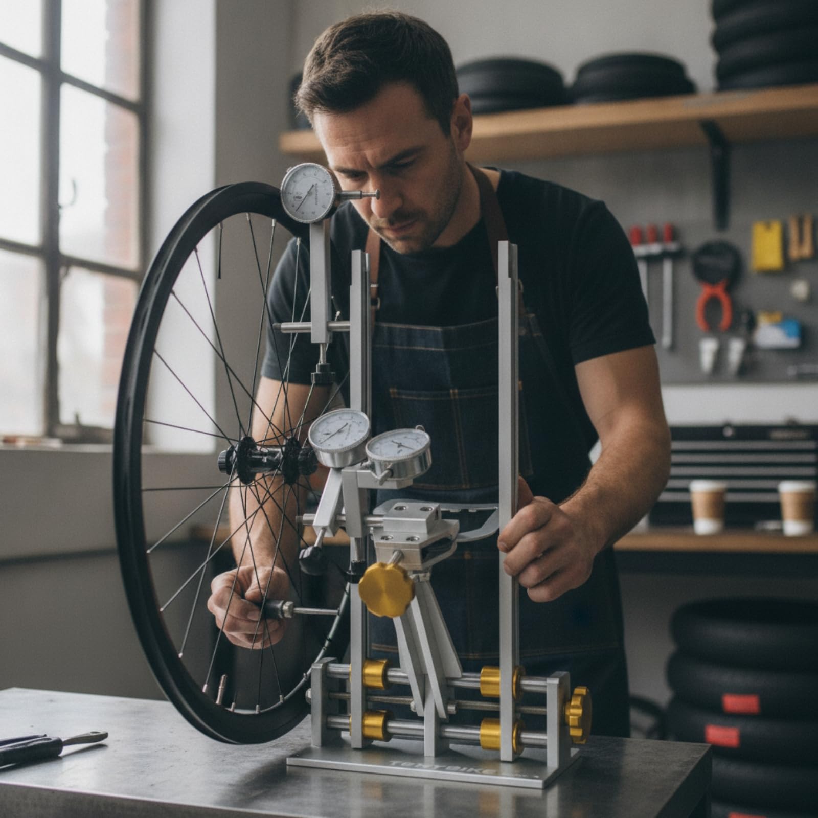 Baoblaze Soporte de Rueda de Bicicleta Centrador Alineador Calibrador Base Rígida con de Esfera y Columnas Ajustables para Alta Precisión Adecuado para Mecánicos Aficionados y Talleres de Servicio