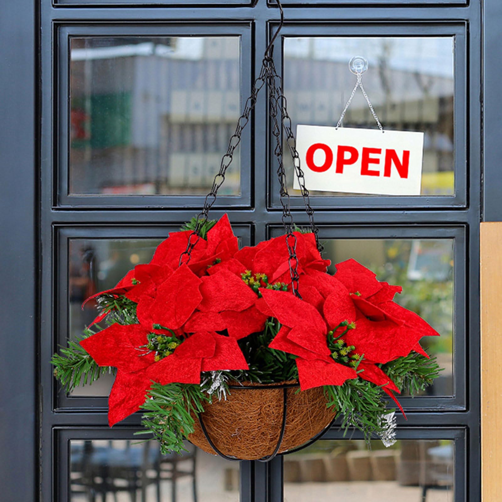 Festive LED Artificial Poinsettia Floral Arrangement Hanging Basket Red Flowers For Home Christmas Decoration Red Flowers For Christmas Decor