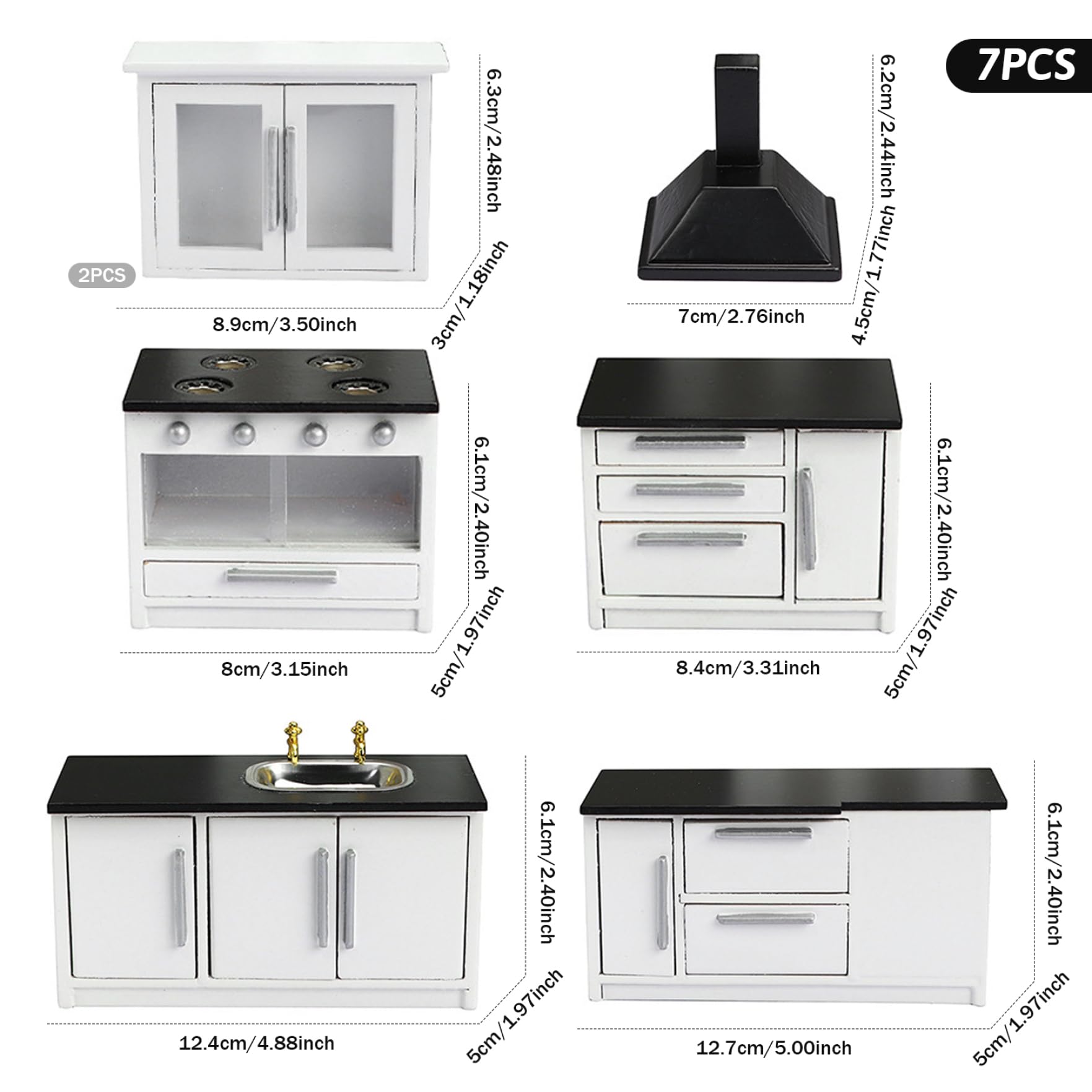 Cucina per casa delle Bambole, mobili per casa delle Bambole in Legno in Scala 1/12, Accessori per Miniatura di Simulazione 7 Pezzi/Set.