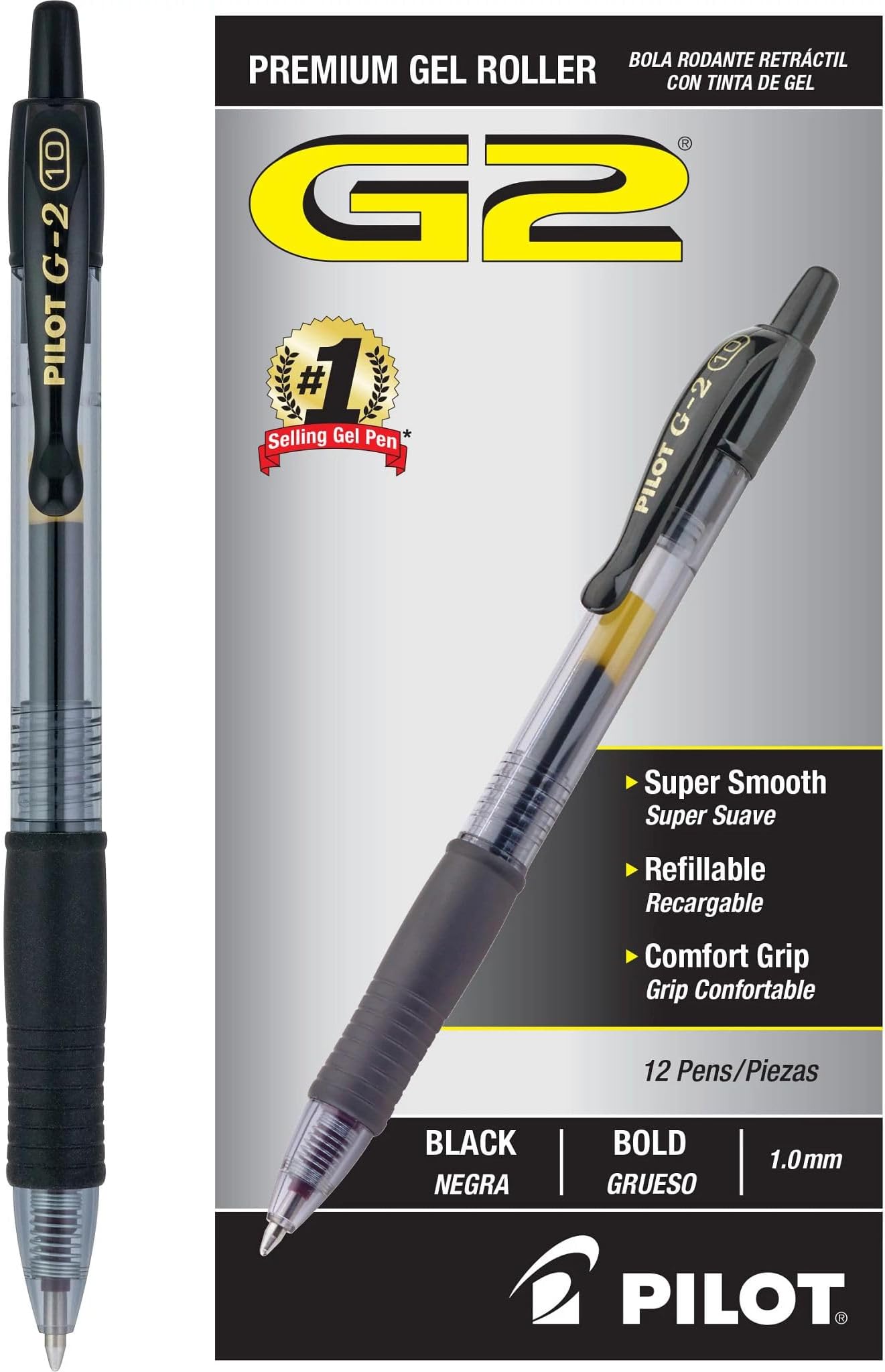 PILOT G2 Premium Refillable & Retractable Rolling Ball Gel Pens, Bold Point, Black Ink, 12 Count (Pack of 1)