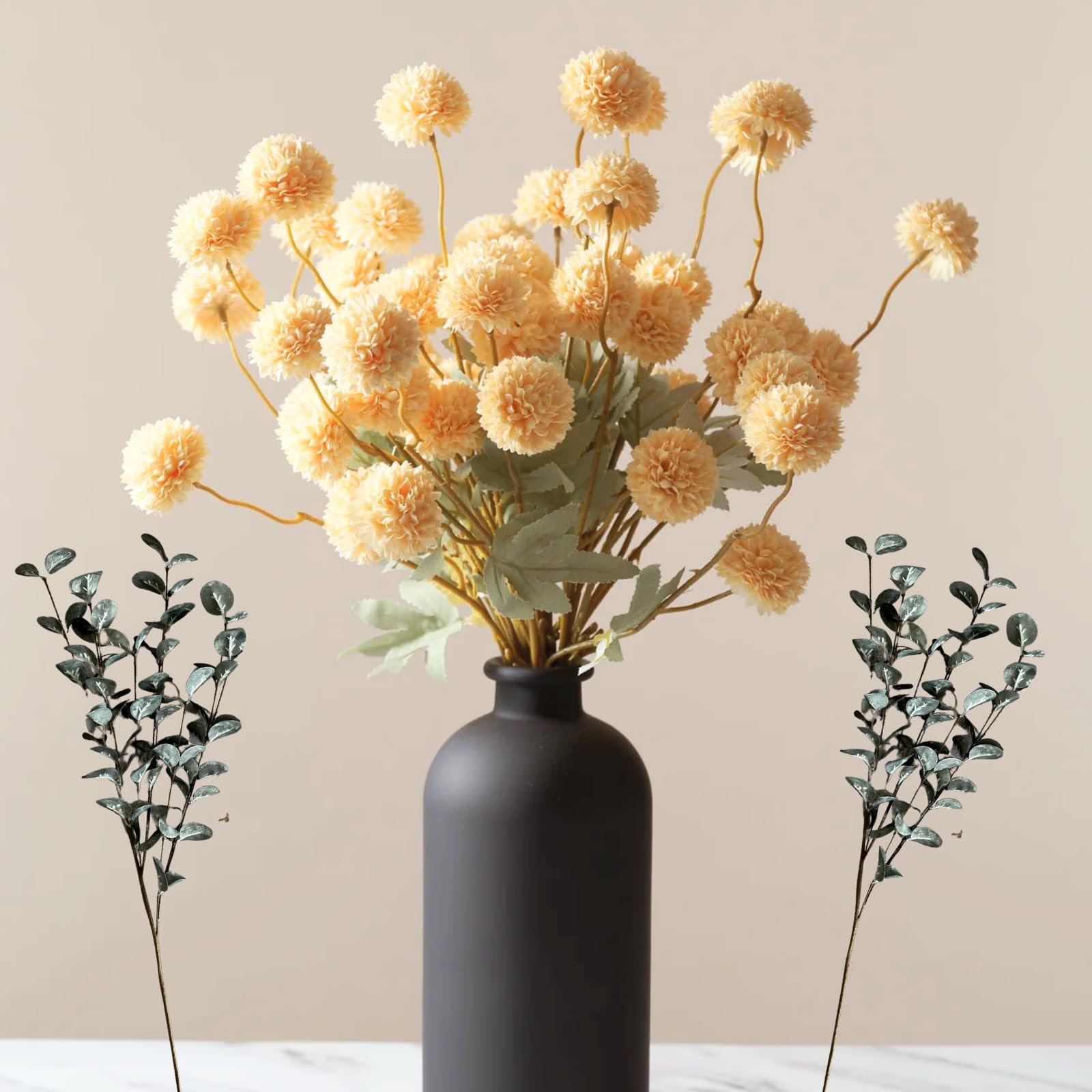Yellow Flowers Artificial 10 Long Stems Kiku Flower With Eucalyptus, Spring Flowers Decor, Mustard Yellow Decor, Flores Amarillas Artificiales Para