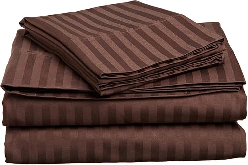 Juego de sábanas de 800 hilos, 100 % algodón Giza suave de fibra larga, juego de 4 piezas, tamaño matrimonial  doble, rayas chocolate, hasta 10 a 12