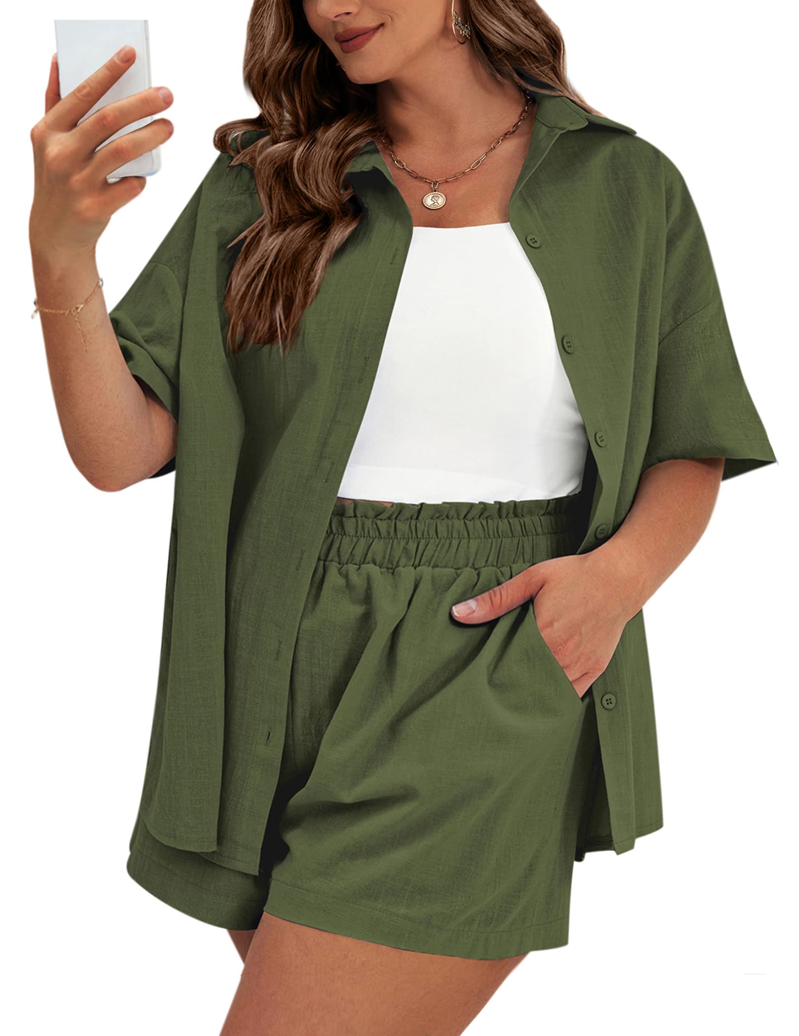 IN'VOLANDWomen's Plus Size 2 Piece Tracksuit Outfits Sets Cotton Linen Sets Short Sleeve Shirt Summer Casual Shorts Set