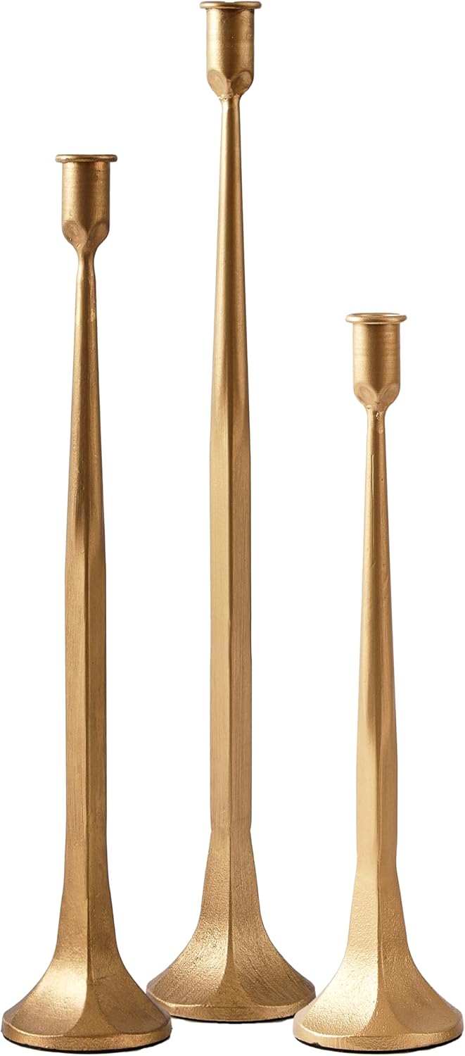 Denique Iron Taper Candle Holder Set of 3, Black Candlestick Holders 19.3”17” 14” Heightening Decorative Candle Stand Set for Wedding, Dining Table, Home Decoration (Gold) Gold 14”,17”,19.3”
