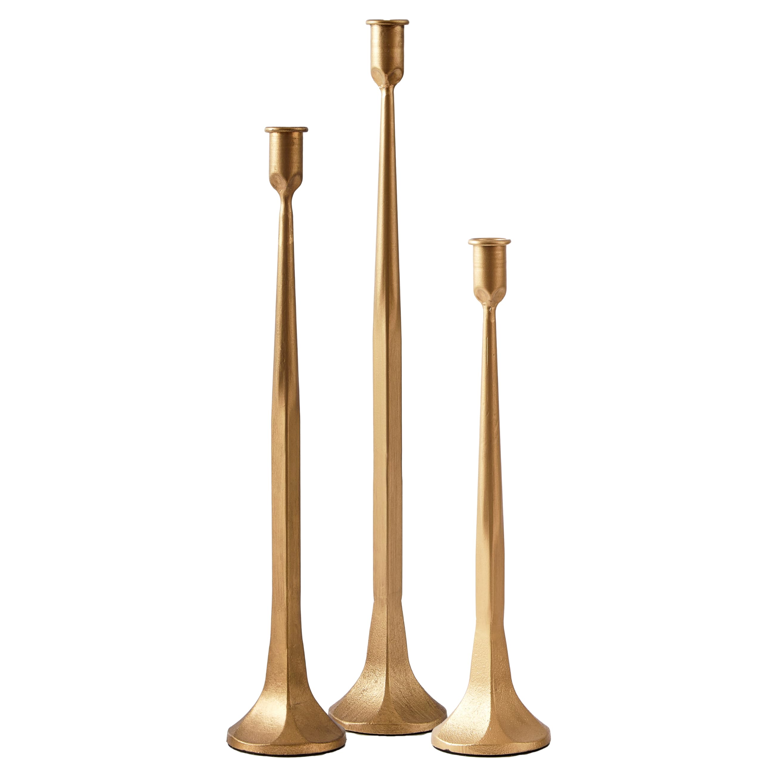 Condition photo showing New/Like New for denique iron taper candle holder set of 3, gold candlestick holders 19.3''17'' 14'' heightening decorative candle stand set for wedding, dining table, home decoration (gold)