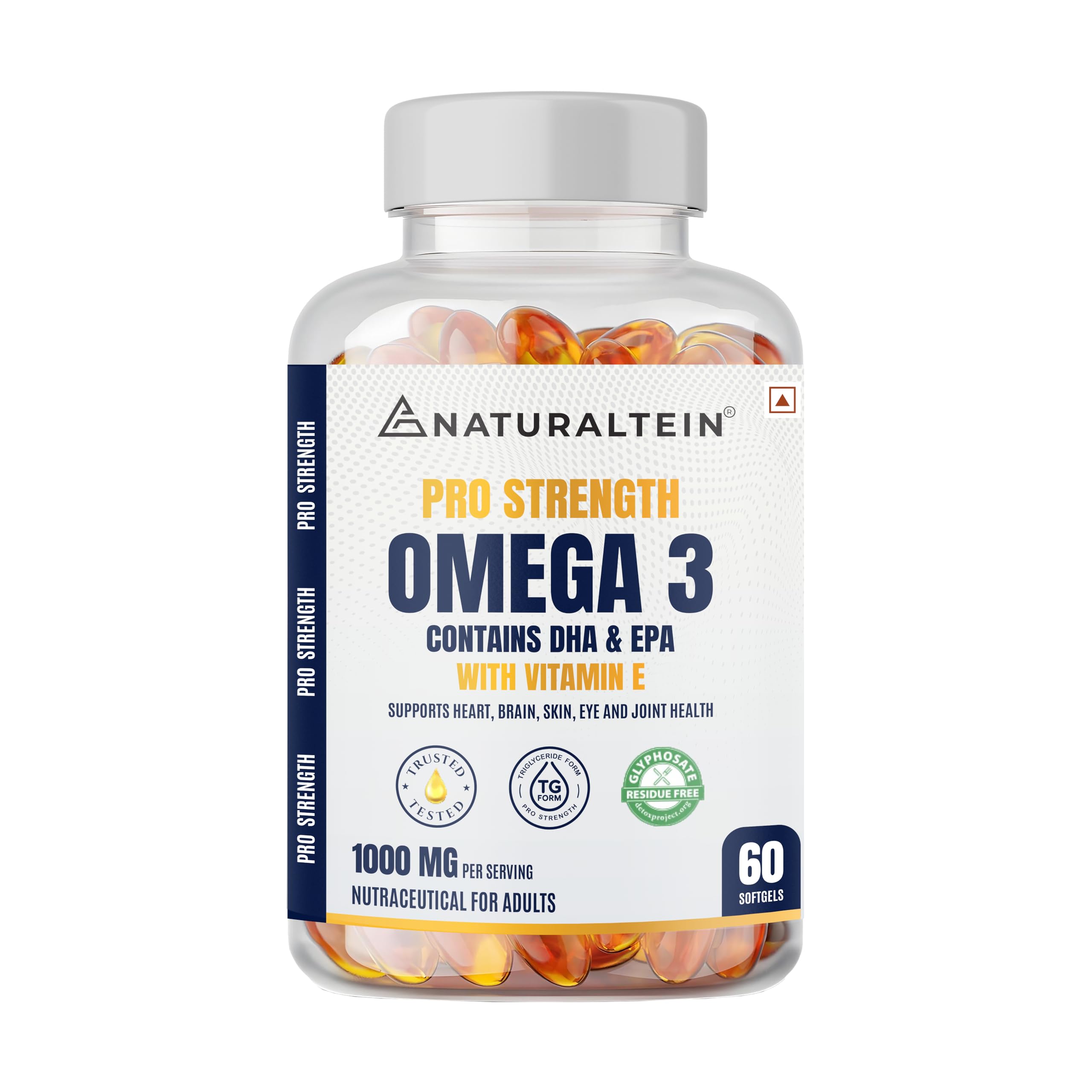 Naturaltein Pro Strength Omega 3 Fish Oil 1000mg with Vitamin E | 180mg EPA & 120mg DHA | Supports Heart, Brain, Joint & Eye Health | Molecularly Distilled & Heavy Metal Tested | 60 Softgels