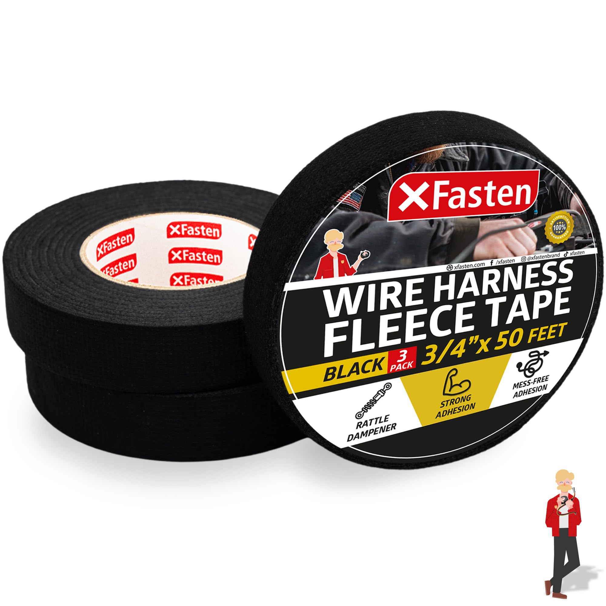 XFastenWire Harness Tape 3/4 Inch x 50 ft (3-Pack 150ft Total) Residue-Free Cloth Electrical Felt Tape for Automotive Wiring Loom Wrap, High Temp and Abrasion Resistant, Noise Dampening Insulation