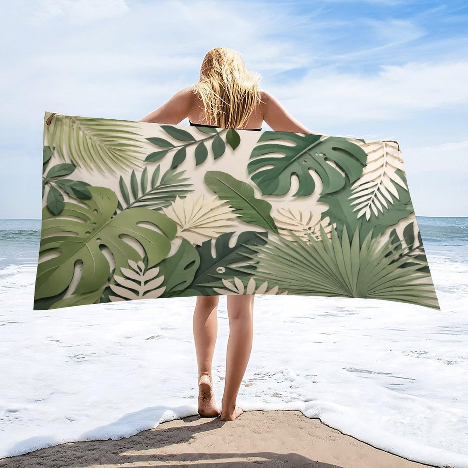 Anceky Tropical Leaf Pattern Green Nature Beach Towel 32"×63",Soft Microfiber Bath Towel Shawl, Quick Dry Absorbent Pool Spa Gym Shower Towel
