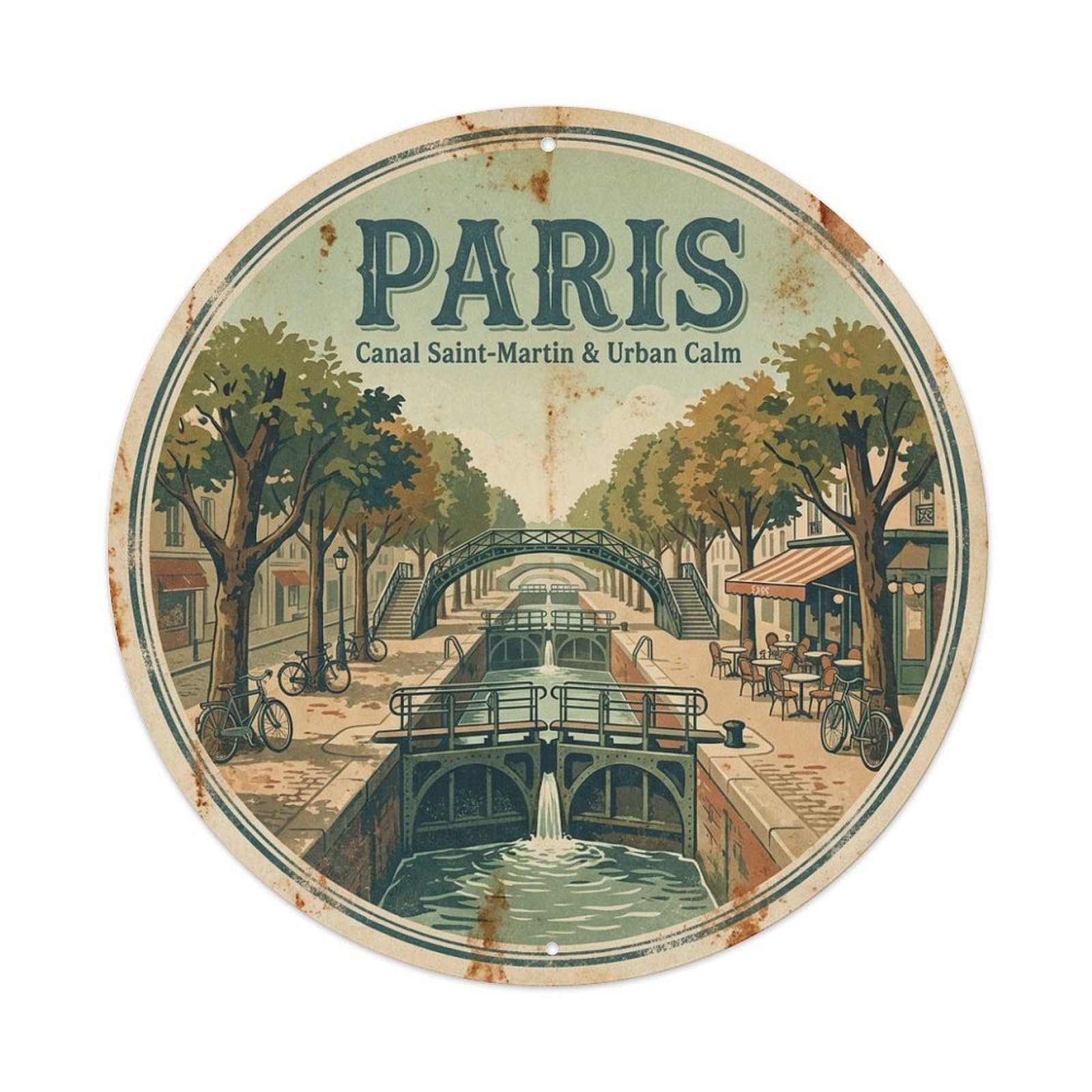 Olhnbad Style Canal Saint Martin Coastal Route Paris Travel Retro Metal Tin Sign
