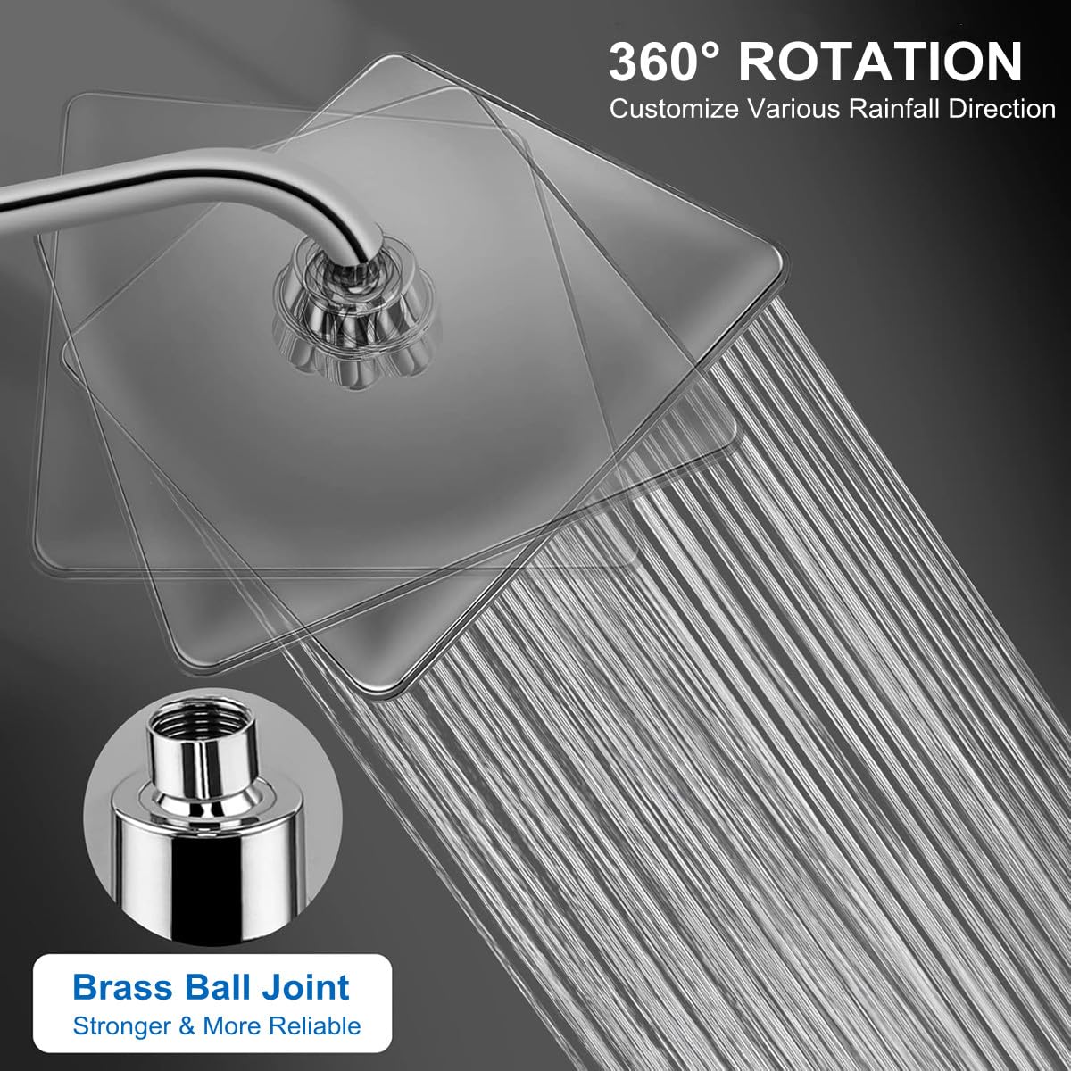JINYOMFLY Shower Head Rain Shower 12 Inch High Pressure Water-Saving 360° Adjustable Rain Shower Head Rectangular Waterfall Shower Head Chrome - Image 4