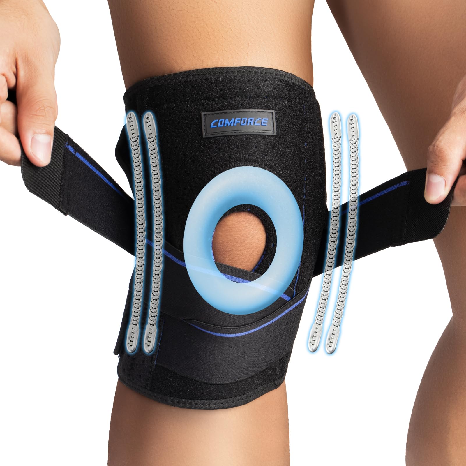 COMFORCE Kniebandage bei Knieschmerzen, rutschfeste Kniebandage mit Gel-Polsterung, Verstellbare Knieorthese mit seitlichen Federstabilisatoren für Frauen & Männer, Arthritis, ACL und Gelenkschmerzen