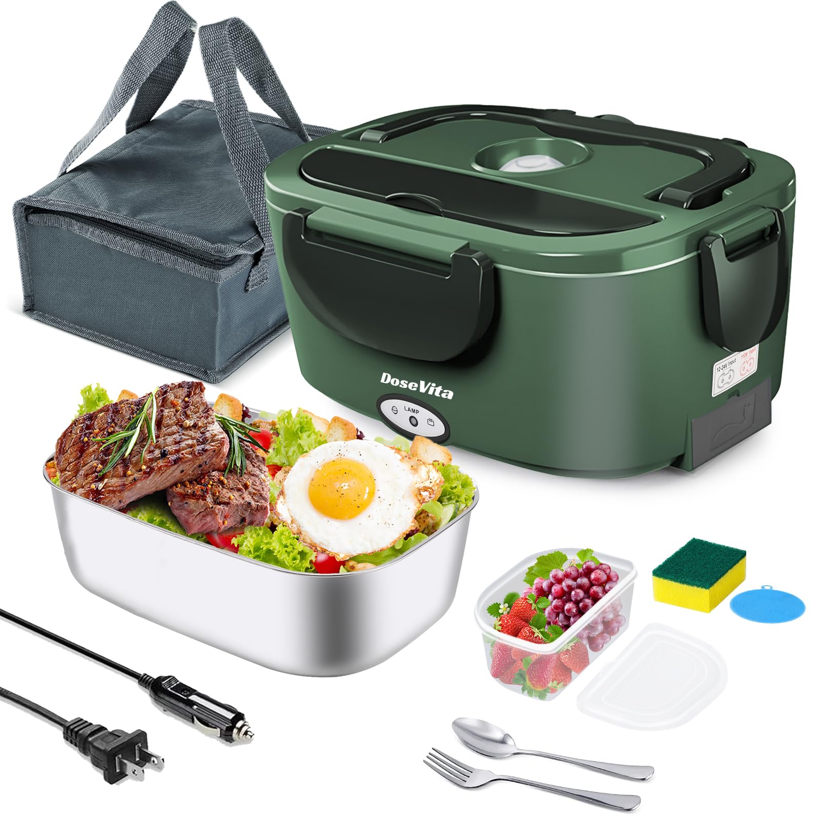 Electric Lunch Box for Adults, 80W Heated Lunch Box,1.5L Portable Fast Heating Lunchbox Food Heater for Car,Truck,Work,Travel,Lonchera Elctrica Porttil 12V/24V/110V (Dark Green)