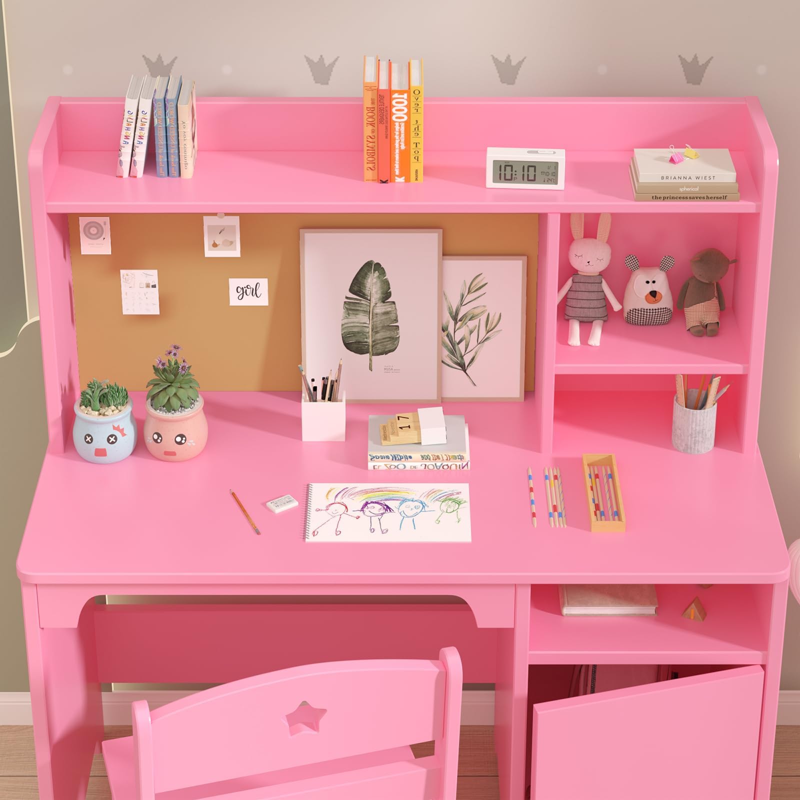 Escritorio Infantil de Madera para Estudiantes con Silla, Mesa Niños Infantil con Estanterías Abiertas y Armarios con Puertas, Mesa de Aprendizaje Infantil Multifuncional para Dormitorio o Estudio
