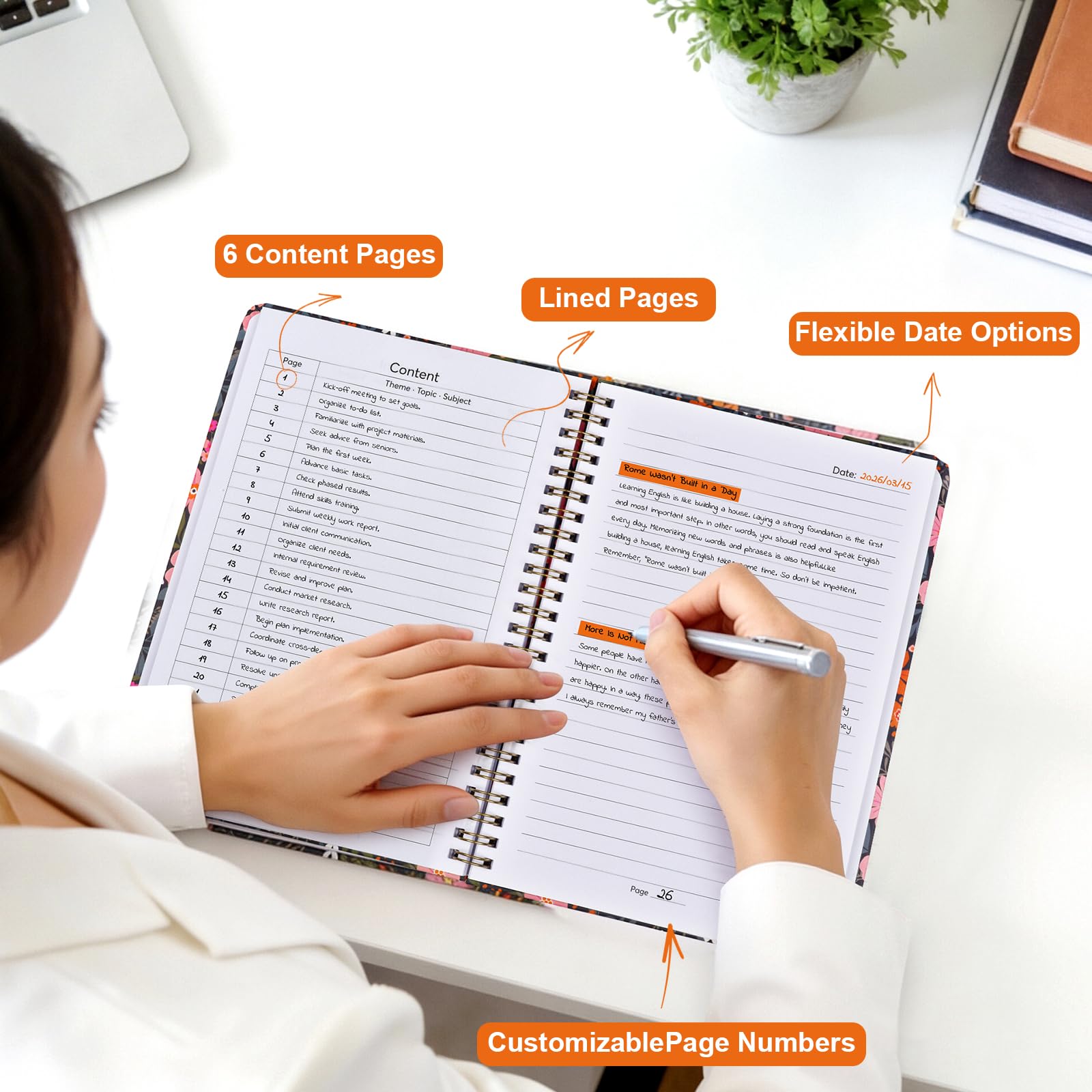 Taccuino a spirale da donna, quaderno a spirale con motivo floreale a righe, copertina rigida, 140 pagine, quaderni per lavoro e diario, prendere appunti, A5 100 g/m² e tasca fronte-retro