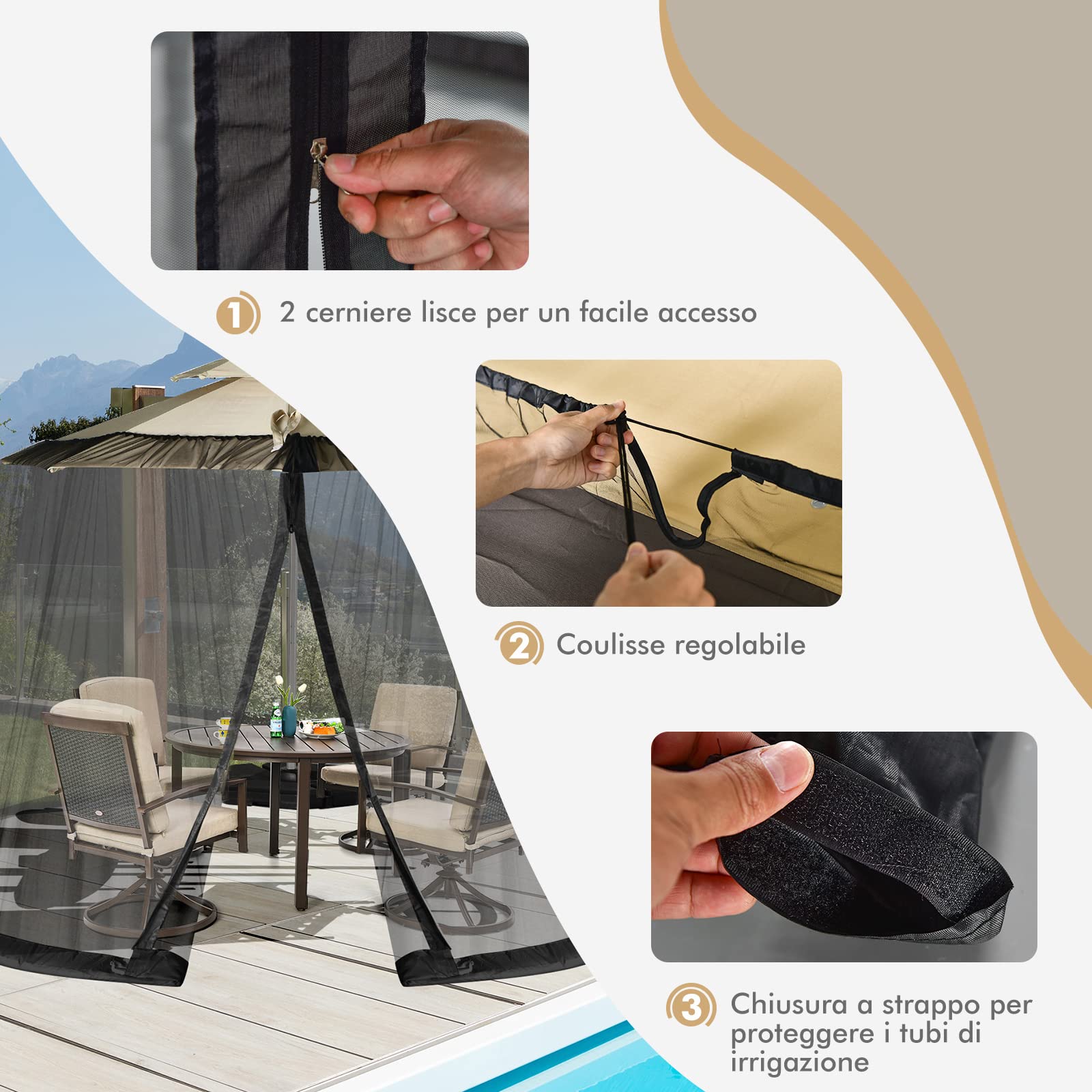 COSTWAY Zanzariera per Ombrellone da Esterno, Zanzariera Regolabile da Patio con 2 Porte a Doppia Cerniera, Rete per Copertura Ombrellone, 12,5 x 2,3 m