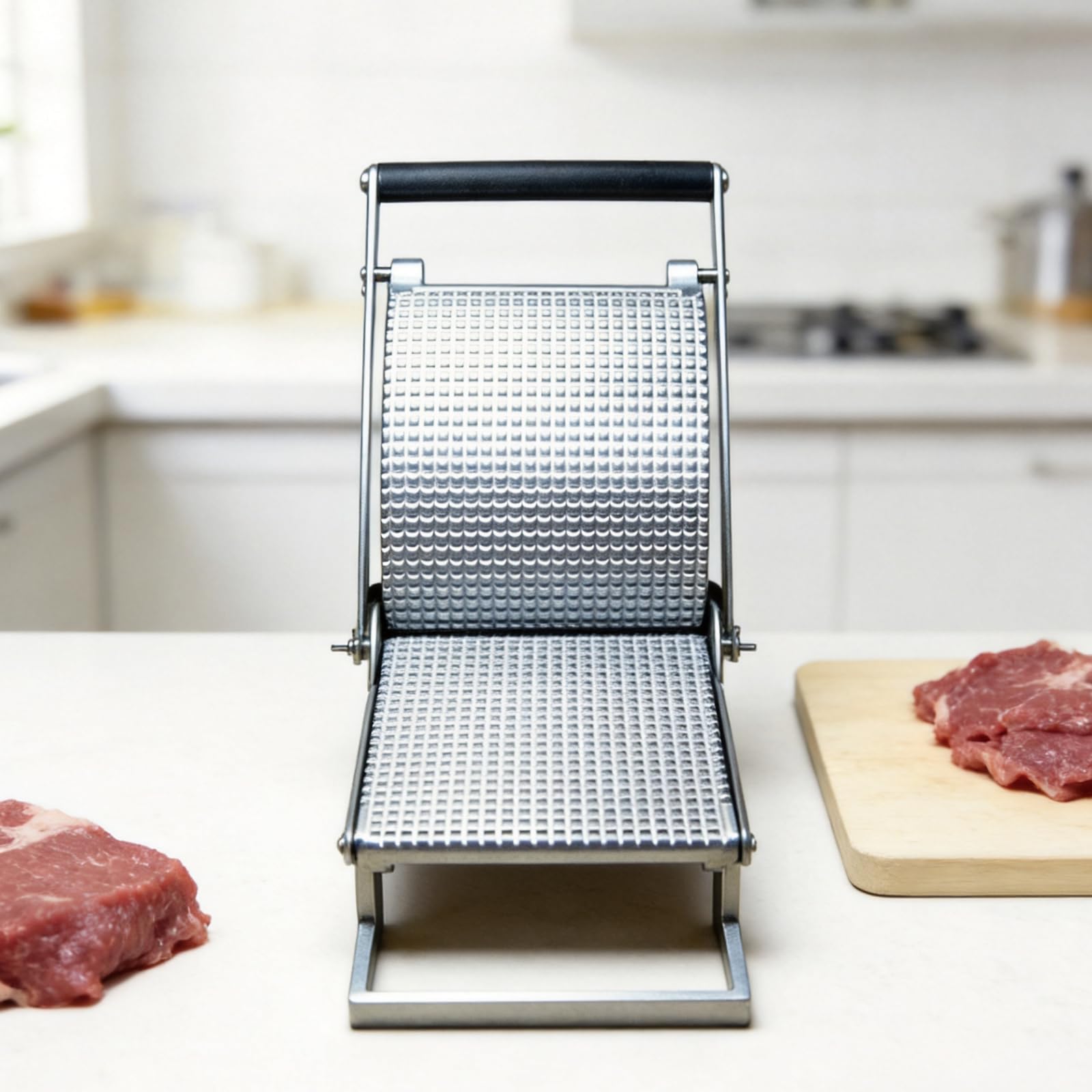 Fleischzubereitungspresse aus Edelstahl, manueller Fleischklopfer mit strukturierter Platte für knochenlose Stücke, Grillstation, Kochen Freien, Küche, täglicher Gebrauch, manuelle Fleischpresse,