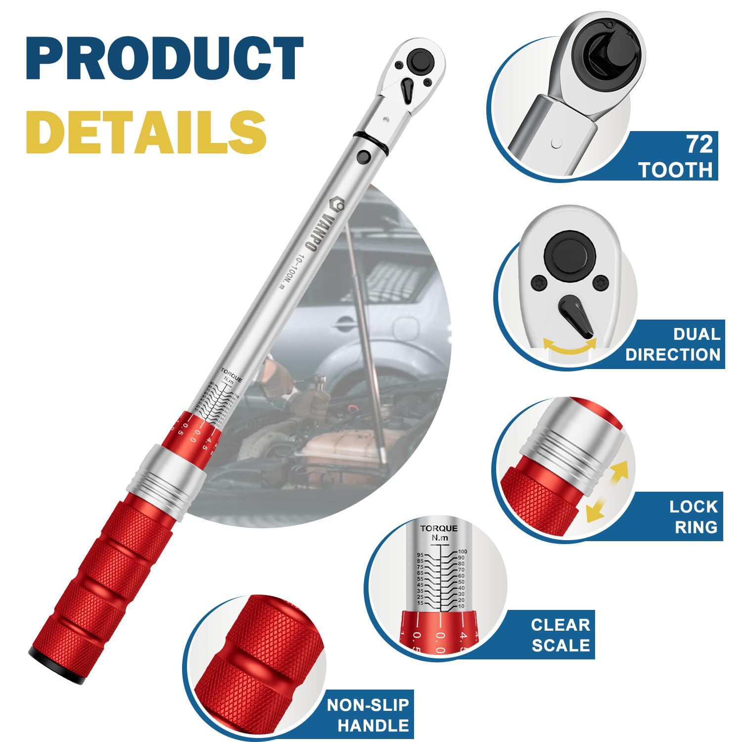 VANPO Clé dynamométrique ouverte 10-100Nm, 9x12mm Clé Dynamométrique Interchangeable, Tête à Cliquet 3/8", 10/13/14/15/17/19mm Tête Extrémité Ouverte, pour Réparation de Climatisation