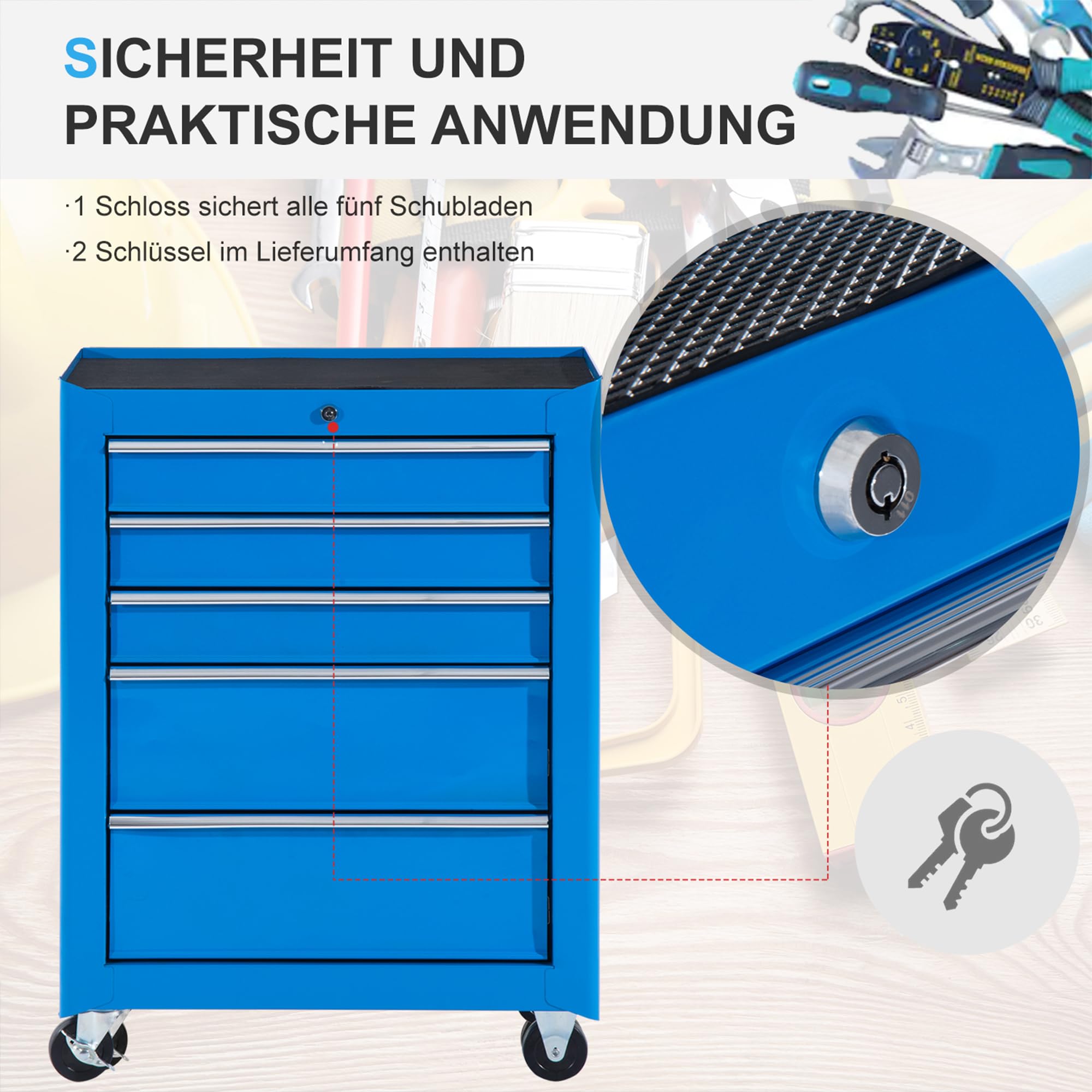 HOMCOM Werkstattwagen 5 Schubladen Werkzeugwagen leer abschließbar mit 4 Rollen mit 2 Feststellbremsen, 2 Schlüssel Blau