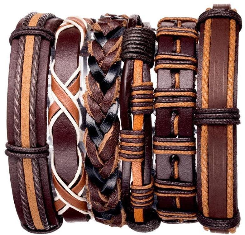 Image of PU Leather Brown Handcrafted Stylish Unisex Bracelet(set of 6)