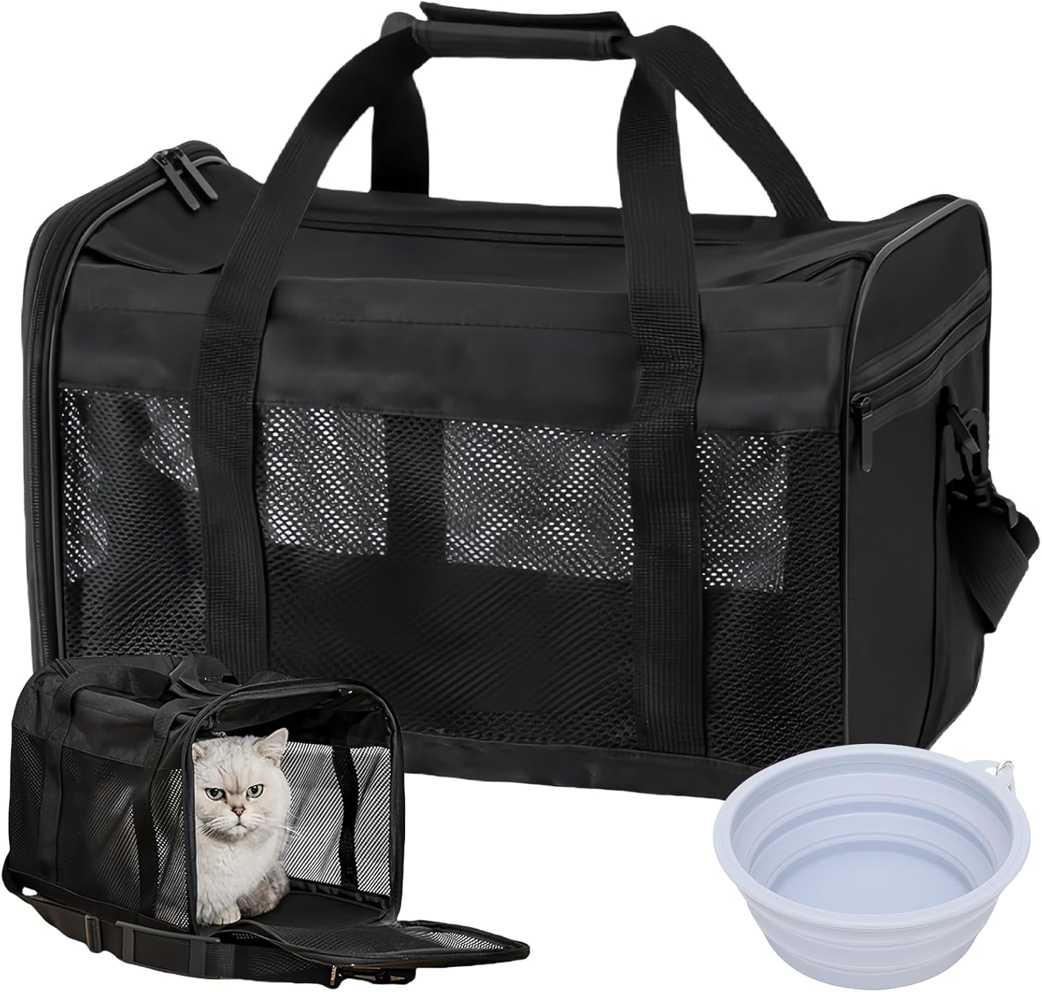 Cat Carrier for Cats, Dogs, Cats: 42 x 27 x 28 cm, Foldable Cat Carrier with Feeder for Dogs, Portable, Pet Carrier, Black