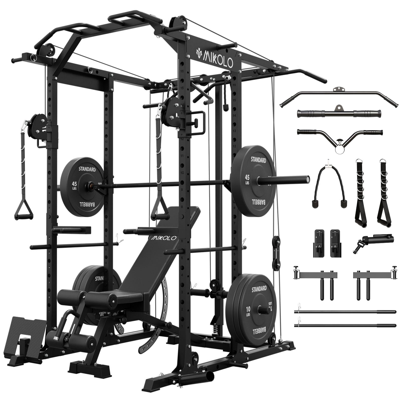 Mikolo Power Cage, Power Rack with Cable Crossover System, 1500LBS Squat Rack with LAT Pull Down System, Workout Cage with Pulley System for Fitness