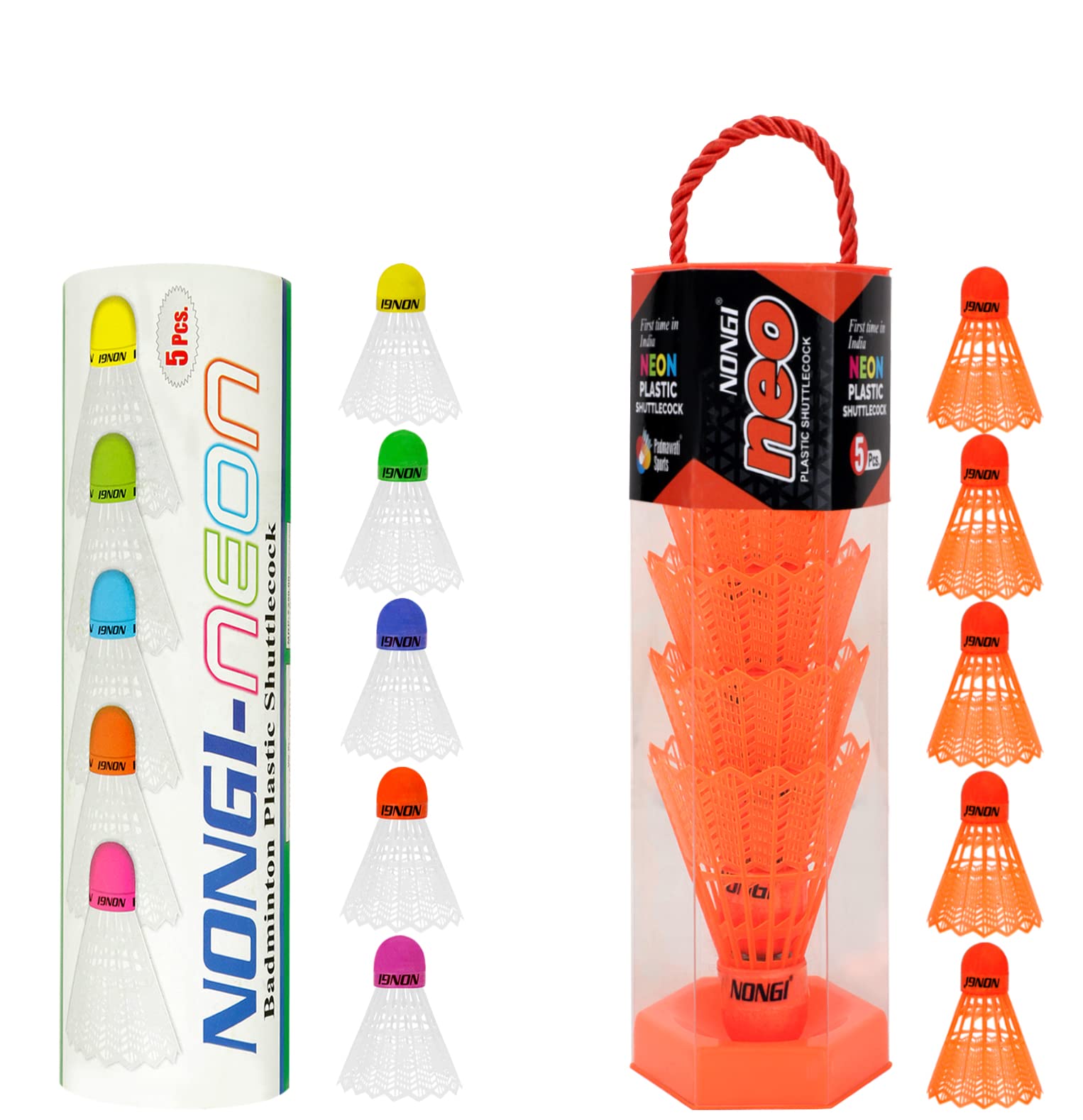 NONGI NEO and NEON Badminton Plastic Shuttlecocks Combo for Indoor and Outdoor Sports, Pack of 10, 5 pcs Orange Shuttlecockes (NEO) and 5pcs Multicolored Cork Shuttle (PRO), Speed Medium (77)-image-8