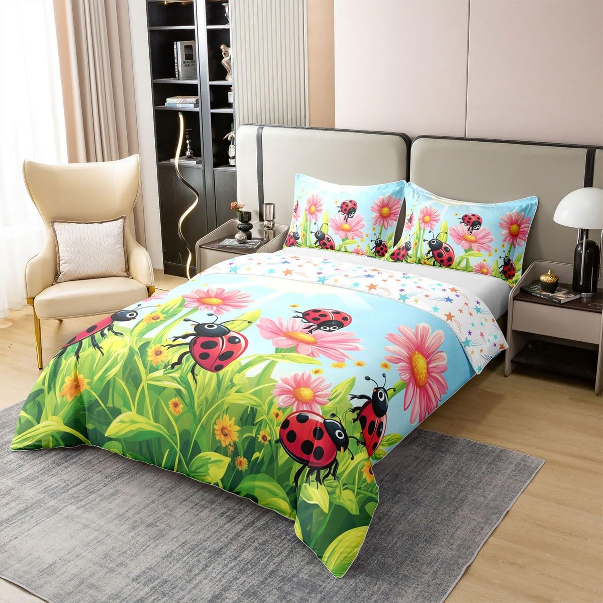 Homewish Set di biancheria da letto con copripiumino singolo a sette pois, 100% cotone, motivo coccinella, per bambini, ragazzi, ragazze, sole, floreale, botanico, verde, rosso, morbido e comodo