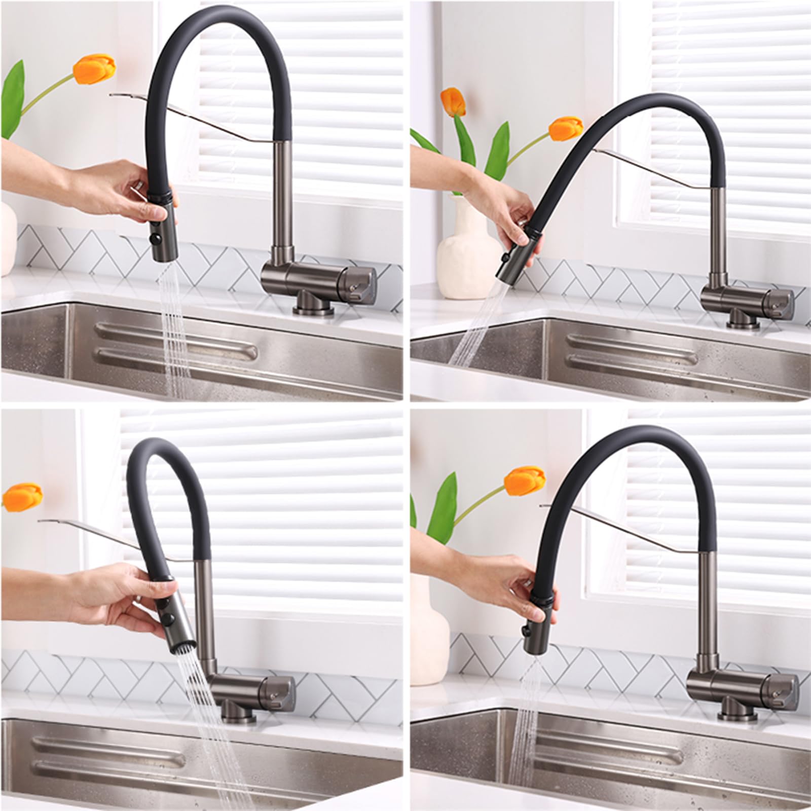 Grifo de Cocina Plegable Negro con rociador extraíble, Monomando, rotación de 360°, Montaje en Pared, instalación de un Solo Orificio