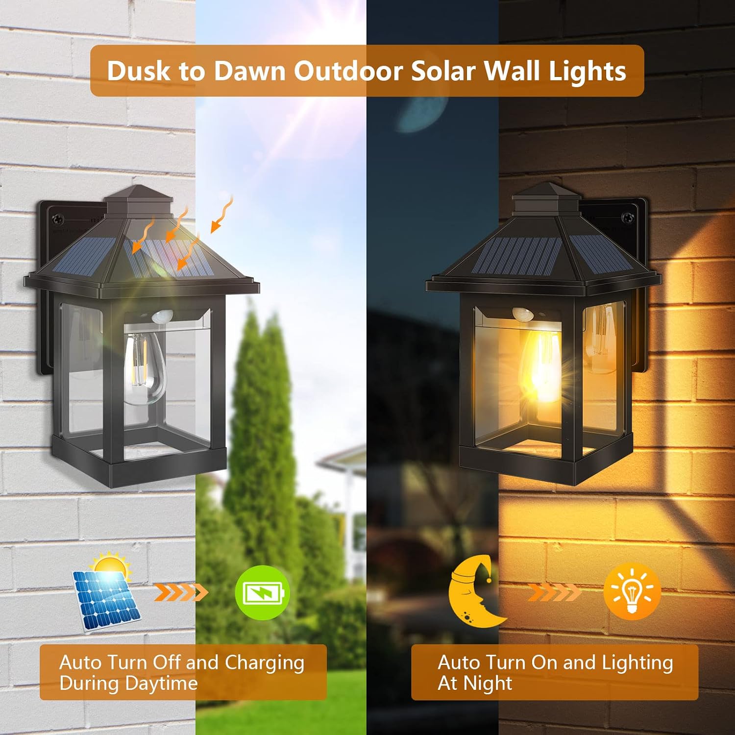 INDARUN Wall Lights Solar Lanterns Outdoor Waterproof, Solar Motion Lights Dusk to Dawn with 3 Lighting Modes, Black Wall Sconce Cordless LED Wall Lamp for Front Porch, Patio, Garage, Barn, Villa