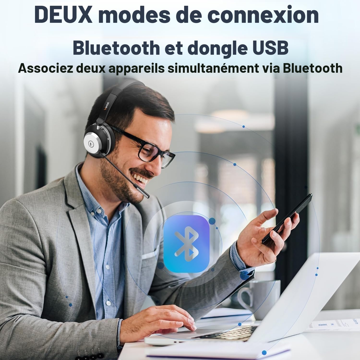Wantek Casque Bluetooth sans Fil avec Micro, Casque sans Fil avec Station de Charge, Dongle USB, Casque Bluetooth avec Microphone pour PC Bureau Zoom Skype Ordinateur Portable Centre d'appel équipes