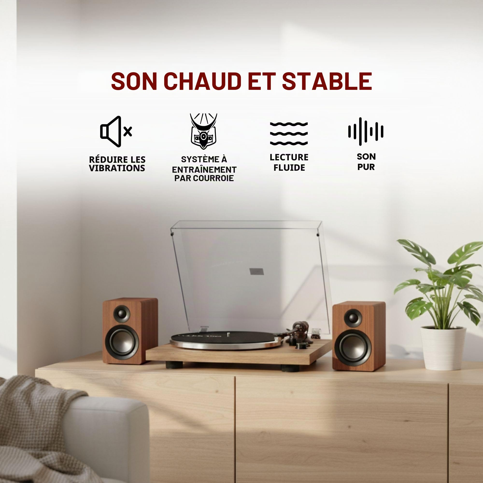 VULKKANO TD10 Platine Vinyle avec Bras de Précision, Égaliseur Phono/Ligne Intégré et Design Élégant, Tourne-Disque Compatible avec Les Vinyles 33 et 45 RPM