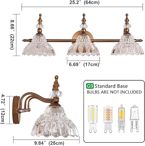 Miniatura 5 de HDDFL Luces de tocador de baño, accesorios de iluminación sobre espejo de latón mate, 3 luces de tocador, apliques de pared modernos para
