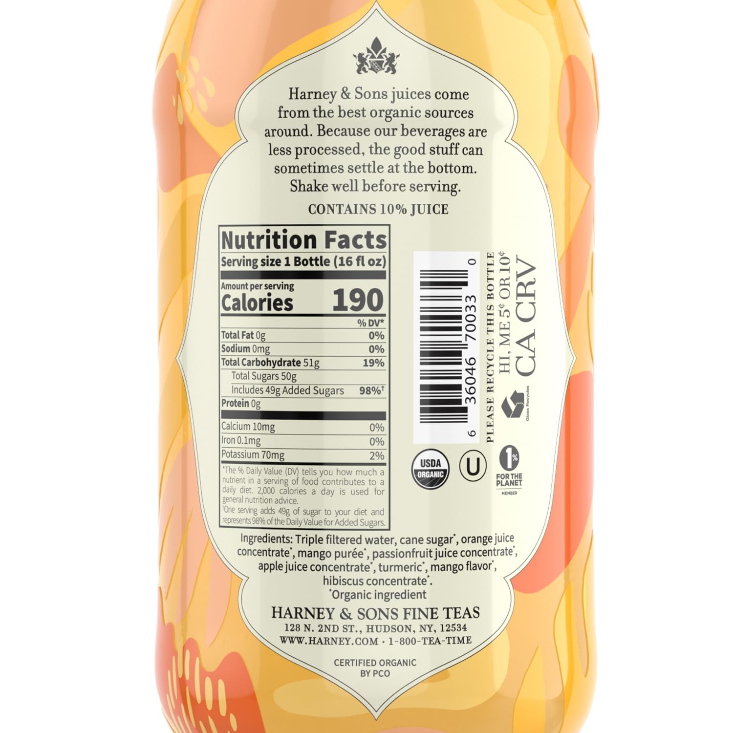Harney & Sons Organic Orange Mango Juice Drink, Glass Bottles, 16 Fl Oz (Pack of 12)
