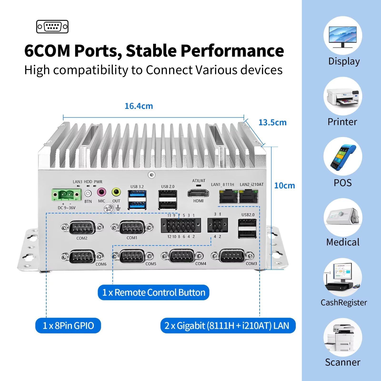 Industrie Mini PC Lüfterlos Fanless Embedded Computer J6412 Dual LAN 6COM 8Pin GPIO 4USB 4K Display Auto Power On DDR4 0G RAM 0G SSD