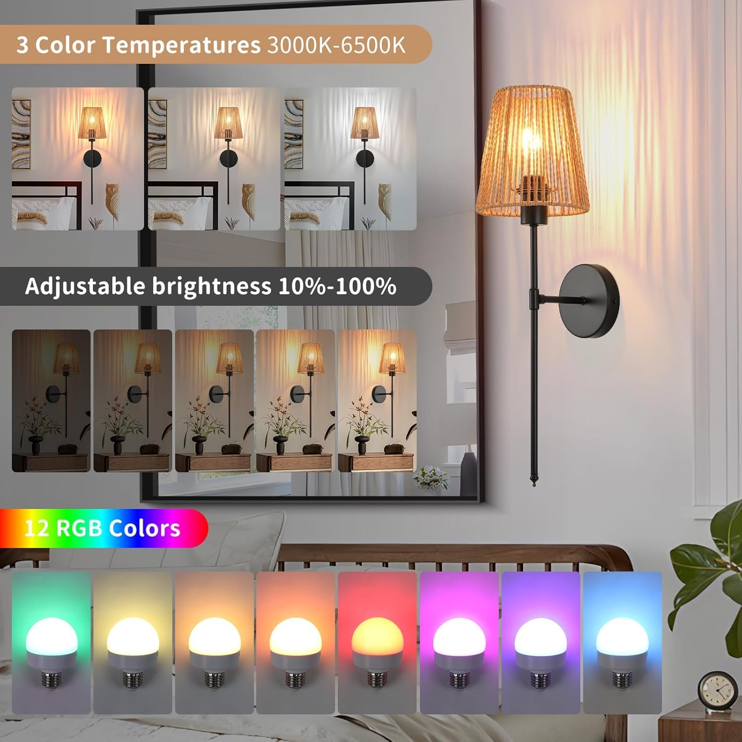 Lampada da Parete Boho in Rattan per Interni, alimentata a Batteria con Telecomando, Lampada retrò dimmerabile RGB, Paralume Ricaricabile Tramite USB, Non necessita di Collegamento