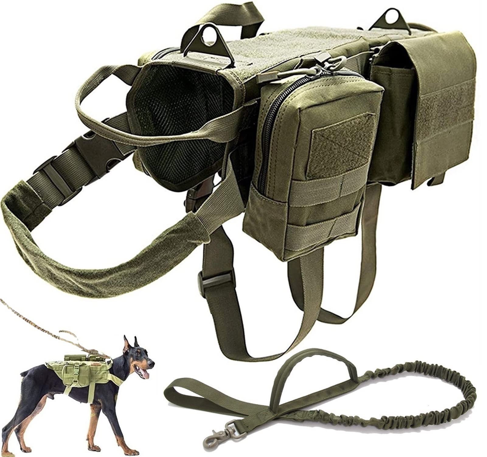 Military Dog Harness and Lead Set, Tactical Dog Vest Adjustable Harness with Kettle Set of Small Things Bags and Pockets for Outdoor Training Working (Color : Green, Size : M)