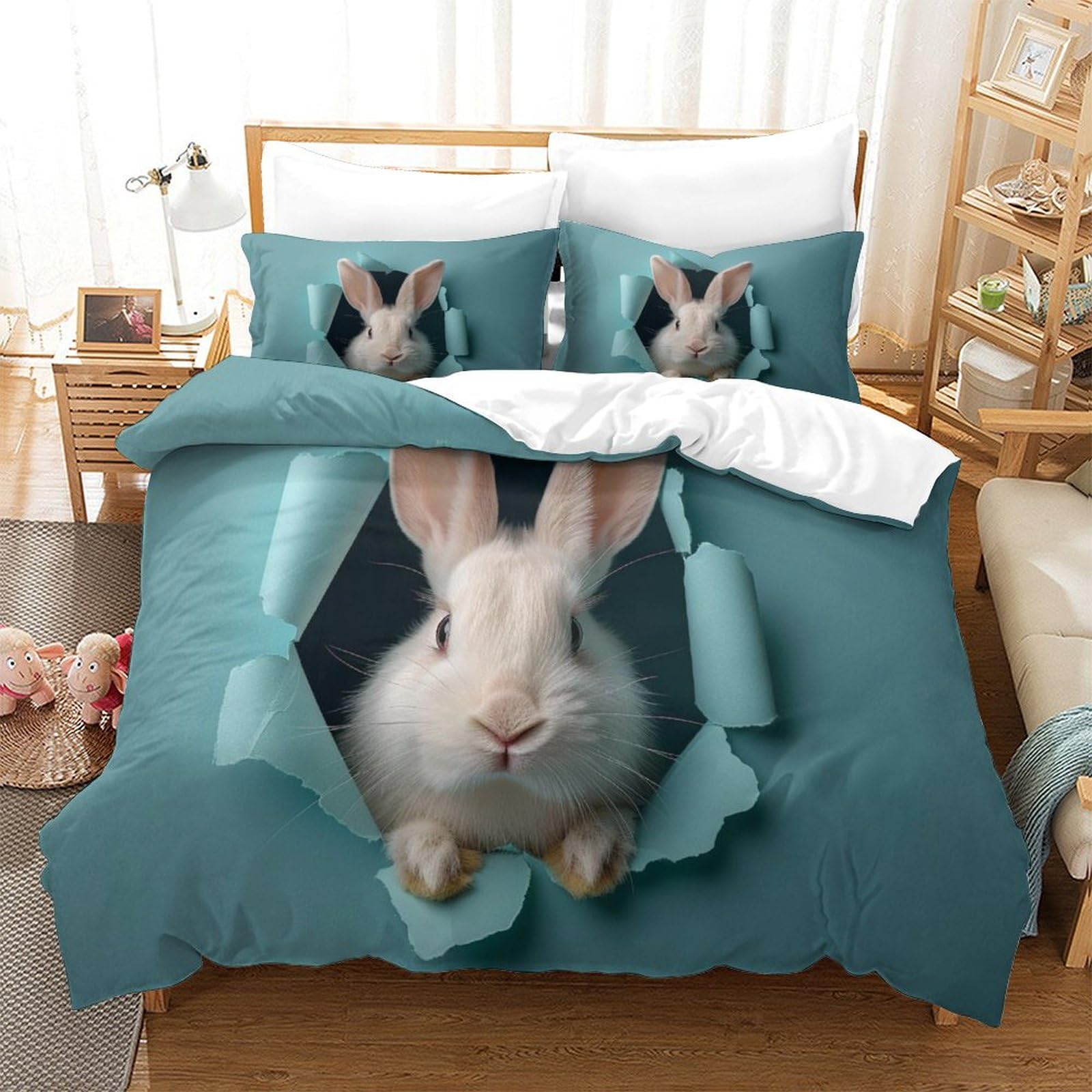 P1S9U7W5Y Lifelike Rabbit 3D Printed Duvet Cover Set 3pcs Microfiber Cute Bunny Bedding Set King（220x240cm）