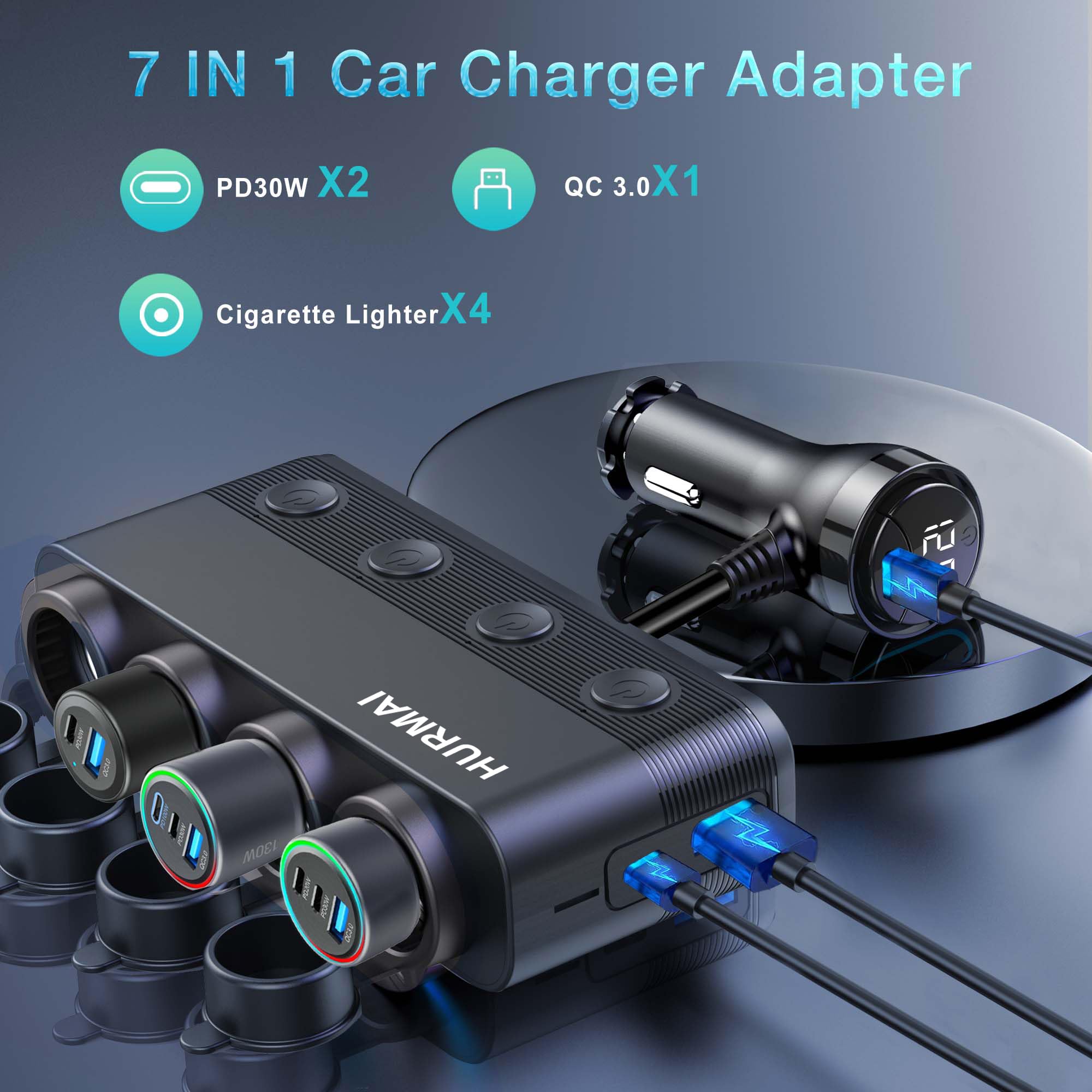 Adapter rozdzielacza do zapalniczki samochodowej 216 W 4 gniazda do ciężkich samochodów ciężarowych USB Chager Multi Port z PD30W/QC3.0 ładowanie USB C 12 V/24 V niezależne przełączniki i osłona