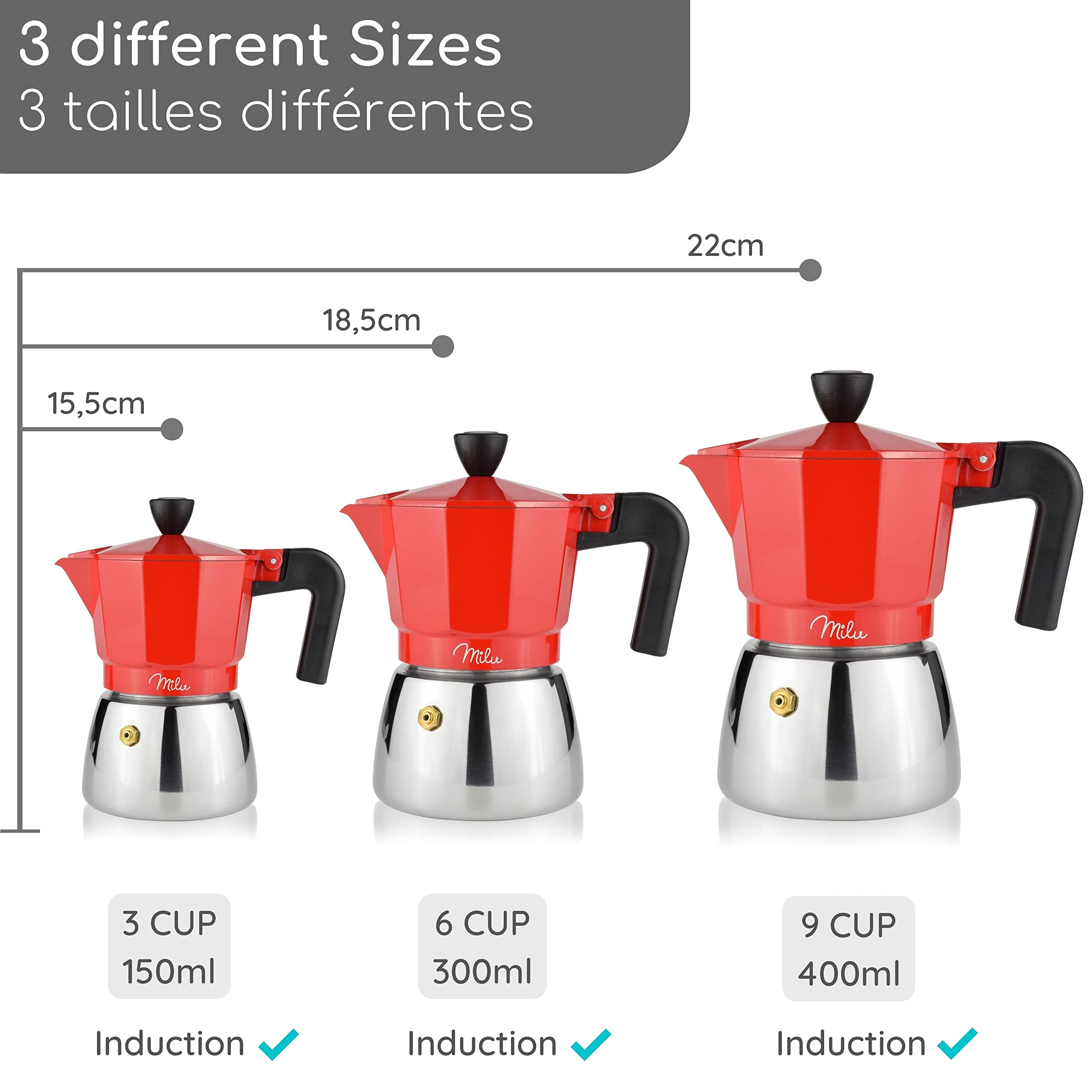 Milu cafetière Italienne Induction | 3, 6, 9 Tasses | Cafetière Moka en Aluminium, Espresso Maker, Ensemble comprenant un sous-verre, une cuillère, un pinceau (Noir, 3 tasses (150ml)