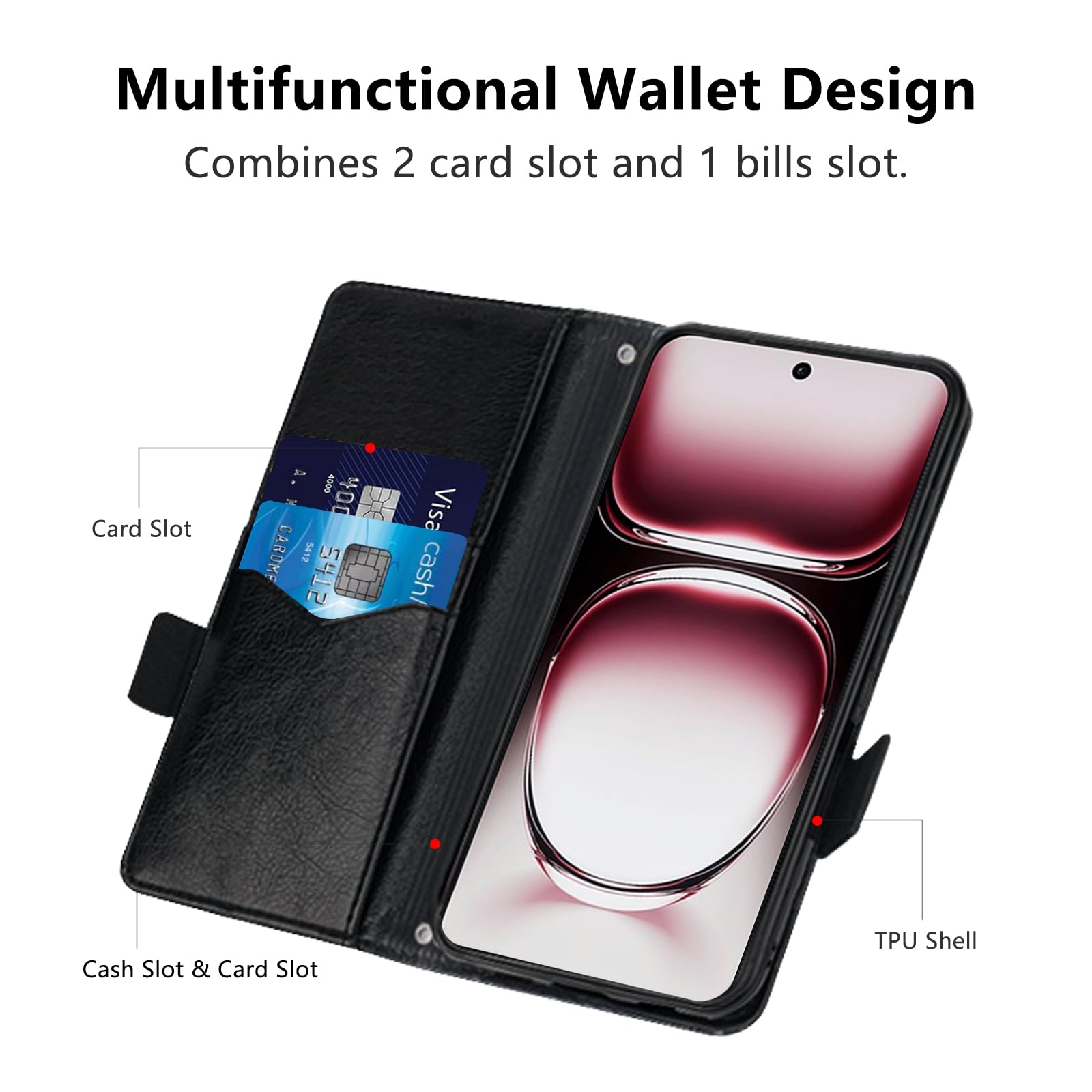 Cover Per Oppo Reno 12 Pro 5G, Custodia Flip Pelle Portafoglio, Magnetica Libro Slot Schede Reno 12 Pro Cover, Silicone TPU Bumper Wallet con Supporto Antiurto Case Per Oppo Reno12 Pro Nero